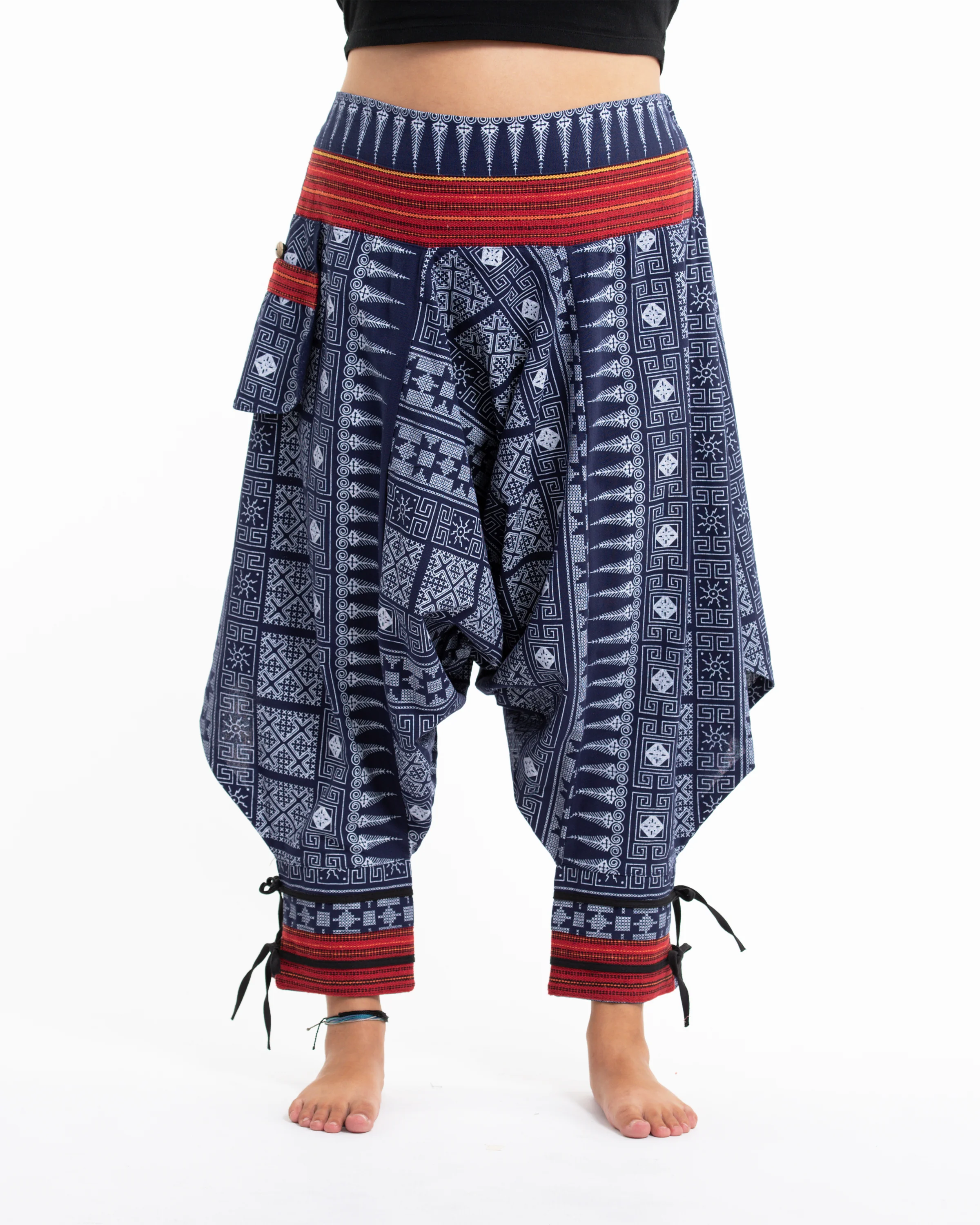 3014-Plus-Size-Traditional-Prints-Thai-Hill-Tribe-Fabric-Women-s-Harem-Pants-with-Ankle-Straps-in-Blue-2.webp Plus Size Traditional Prints Thai Hill Tribe Fabric Women's Harem Pants with Ankle Straps in Blue