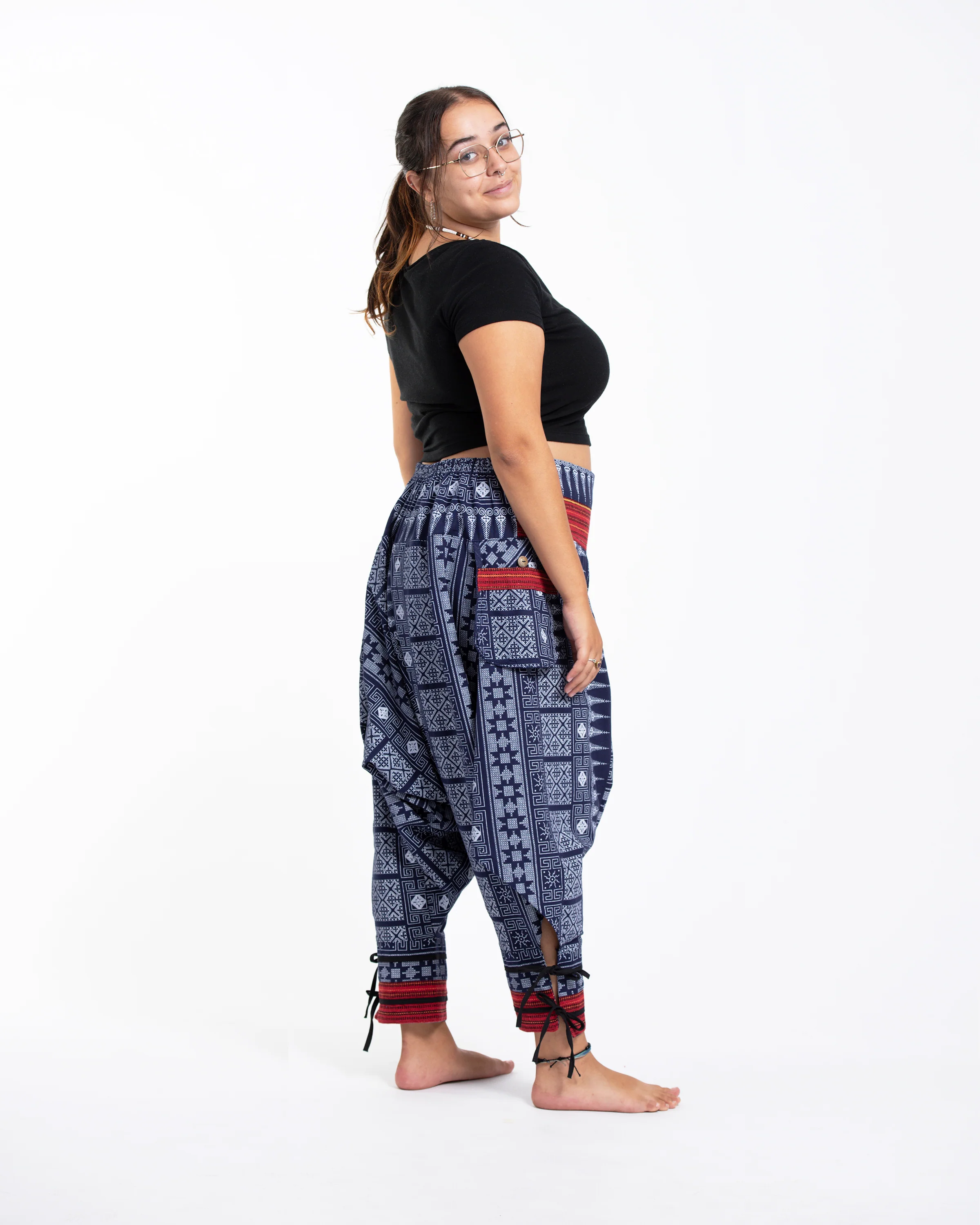 3014-Plus-Size-Traditional-Prints-Thai-Hill-Tribe-Fabric-Women-s-Harem-Pants-with-Ankle-Straps-in-Blue-3.webp Plus Size Traditional Prints Thai Hill Tribe Fabric Women's Harem Pants with Ankle Straps in Blue