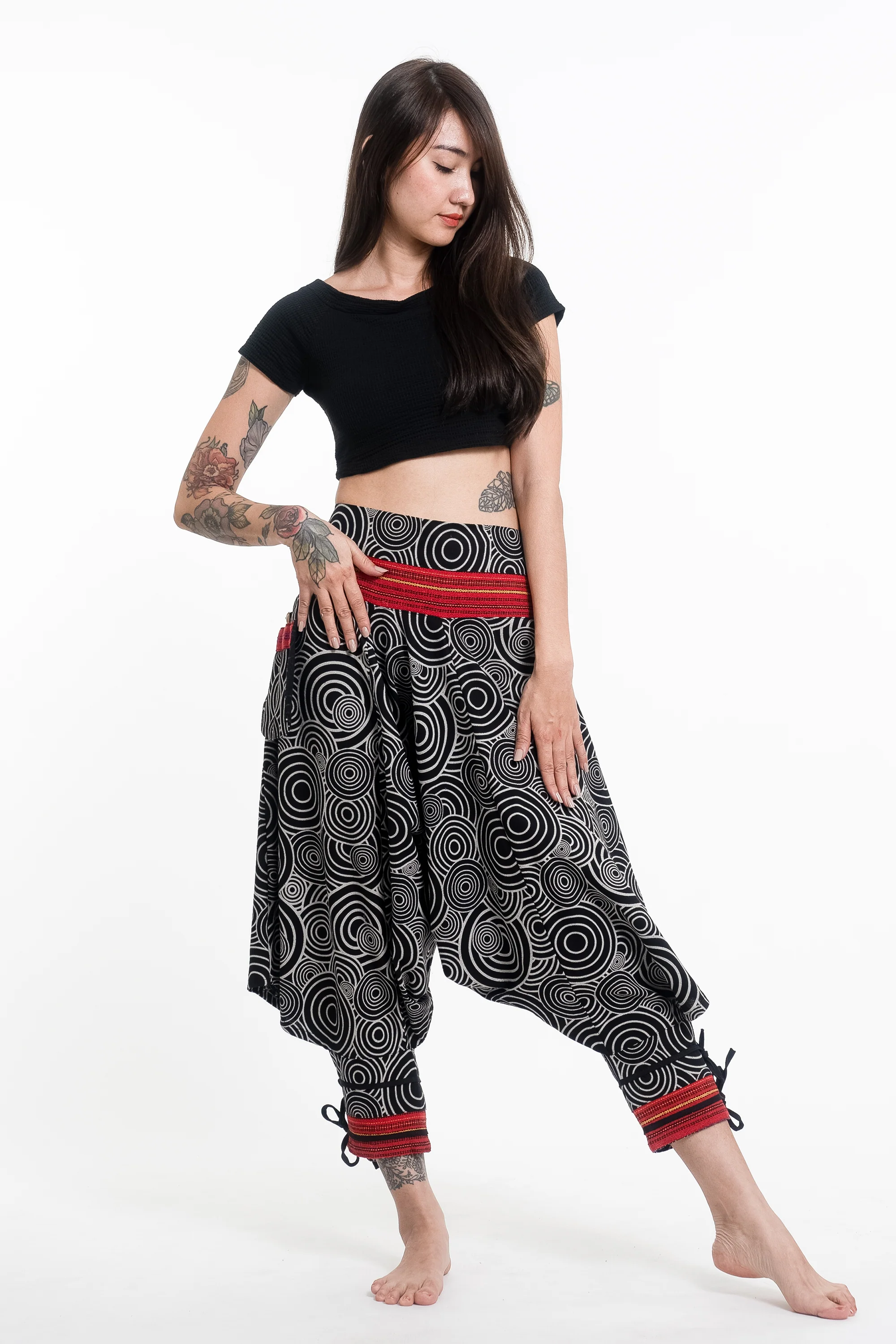 3018-Swirls-Prints-Thai-Hill-Tribe-Fabric-Women-s-Harem-Pants-with-Ankle-Straps-in-Black-3.webp Swirls Prints Thai Hill Tribe Fabric Women's Harem Pants with Ankle Straps in Black