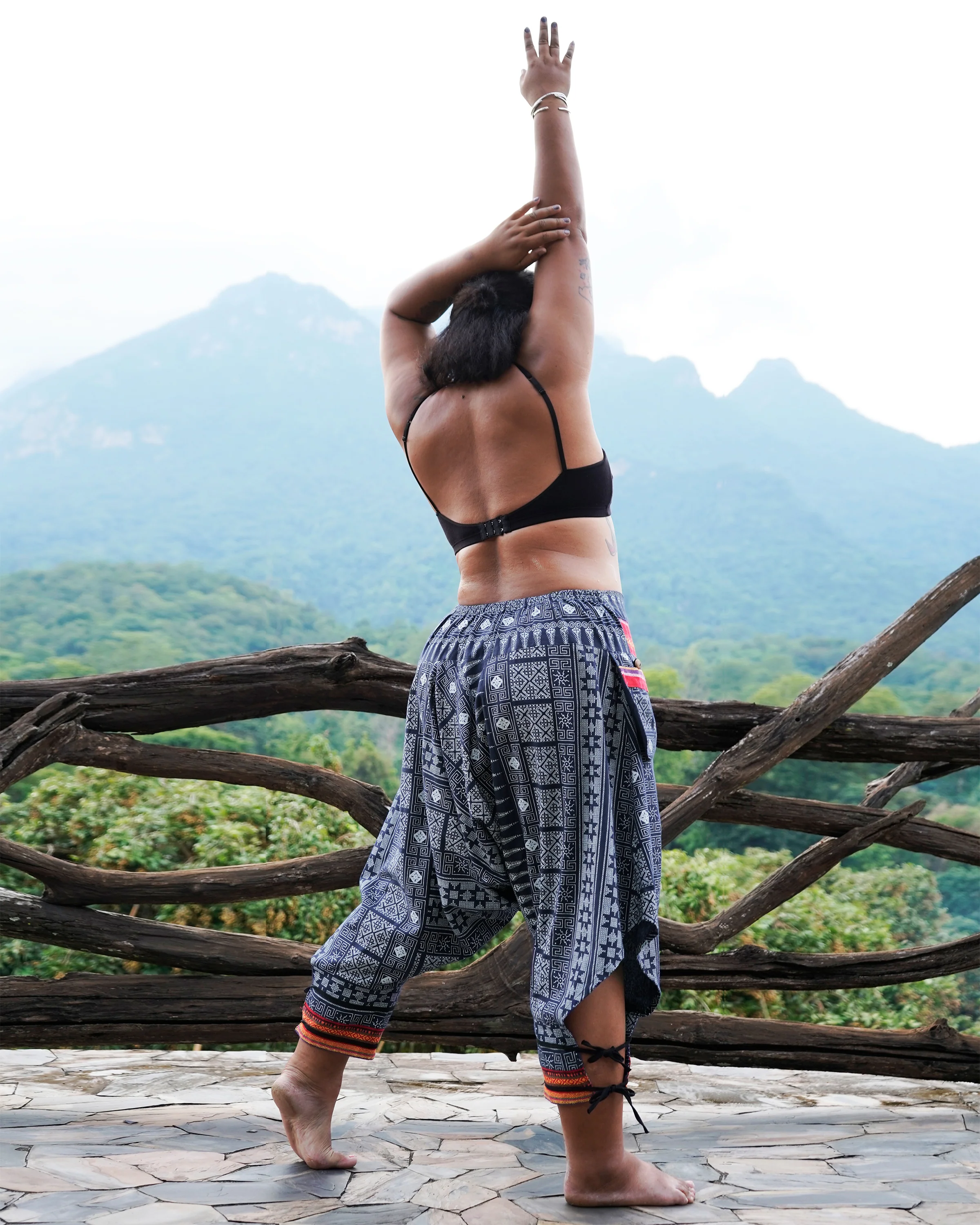 Plus Size Traditional Prints Thai Hill Tribe Fabric Women's Harem Pants with Ankle Straps in Navy