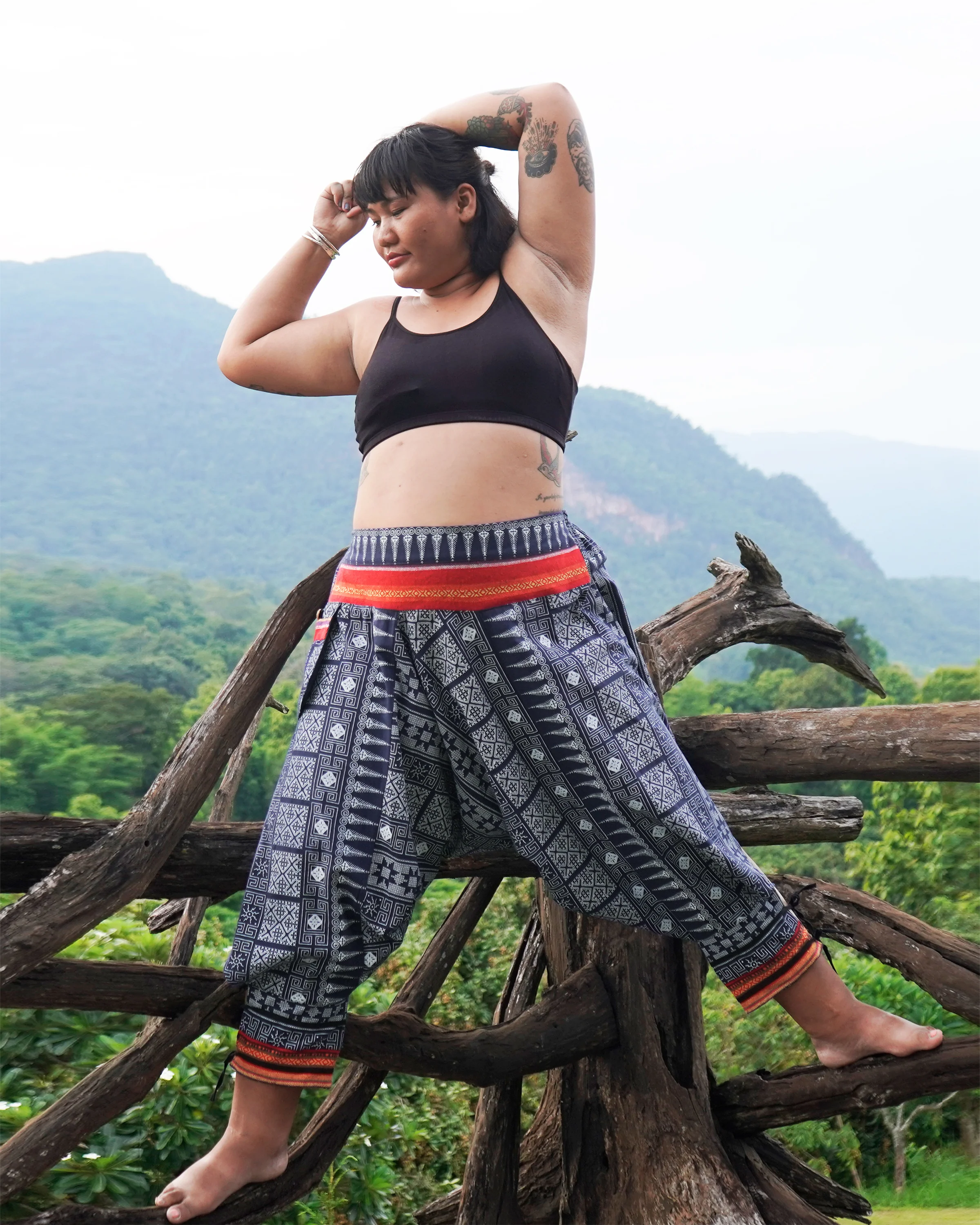 3036-Plus-Size-Traditional-Prints-Thai-Hill-Tribe-Fabric-Women-s-Harem-Pants-with-Ankle-Straps-in-Navy-3.webp Plus Size Traditional Prints Thai Hill Tribe Fabric Women's Harem Pants with Ankle Straps in Navy