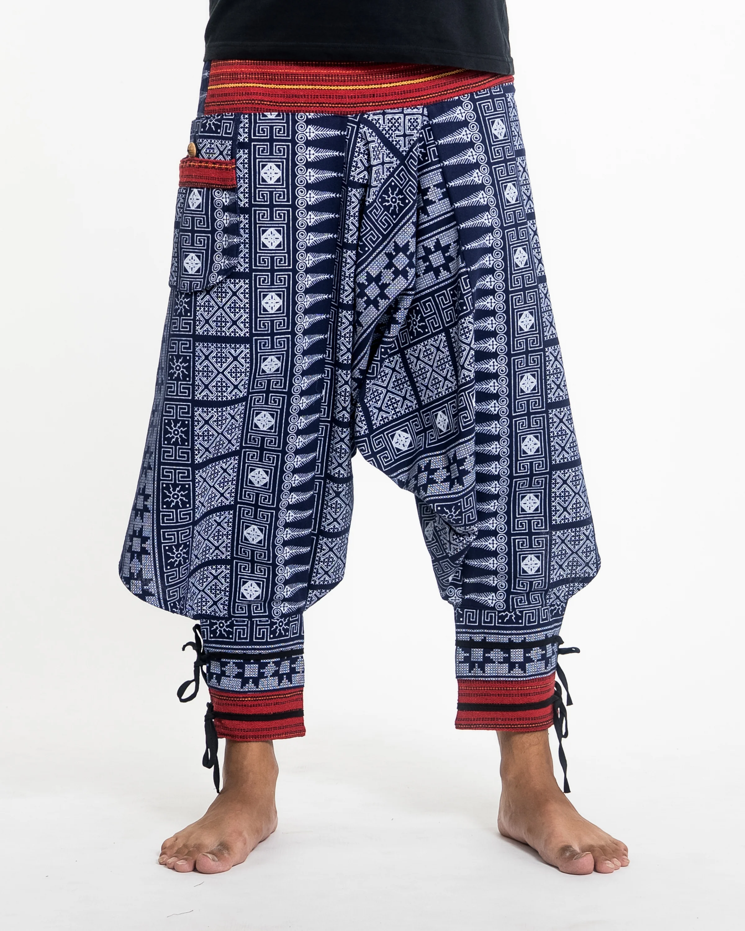 Traditional Prints Thai Hill Tribe Fabric Men's Harem Pants with Ankle Straps in Blue