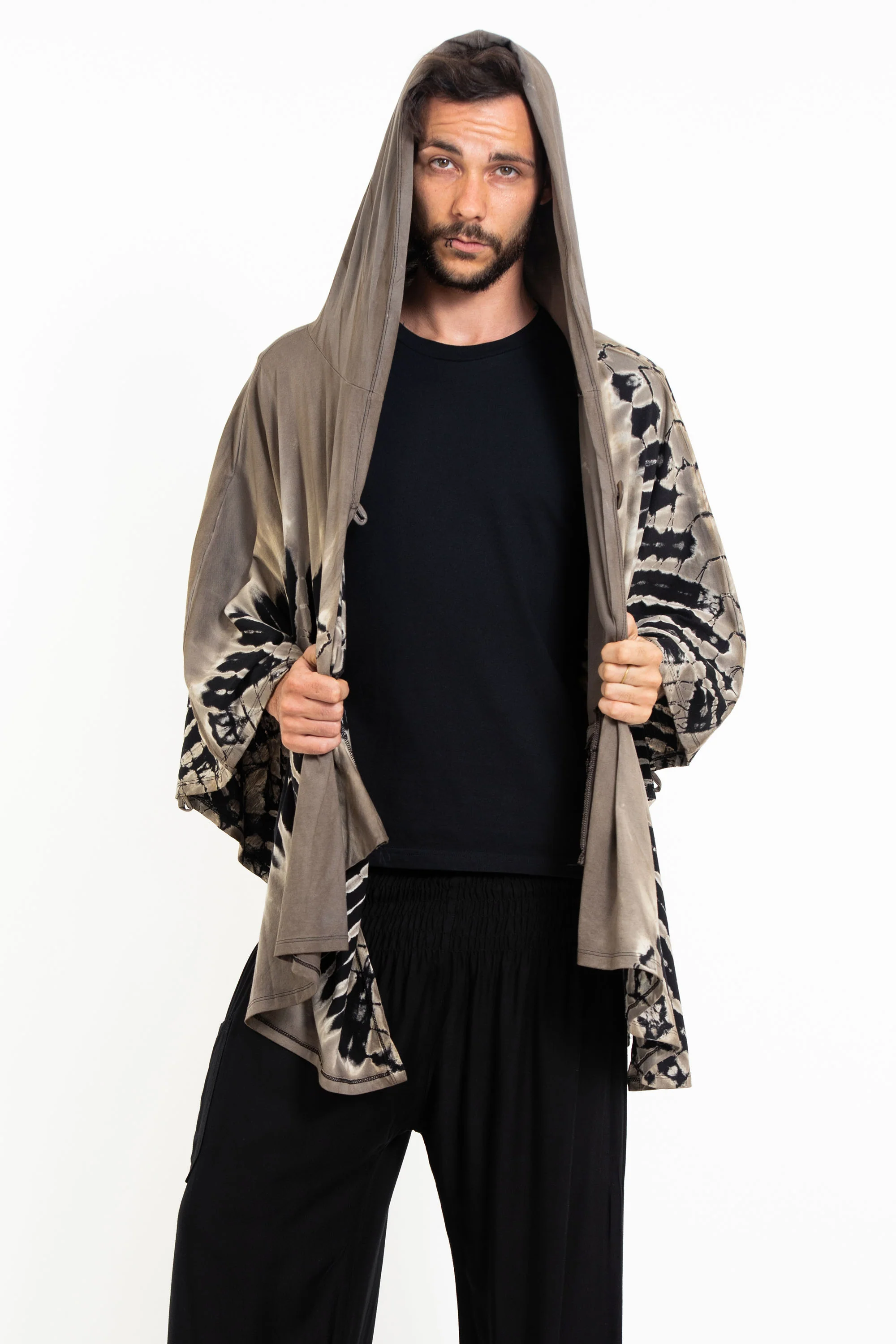 3043-Tie-Dye-Cotton-Hooded-Poncho-Jacket-in-Black-01-3.webp Tie Dye Cotton Hooded Poncho Jacket in Black 01