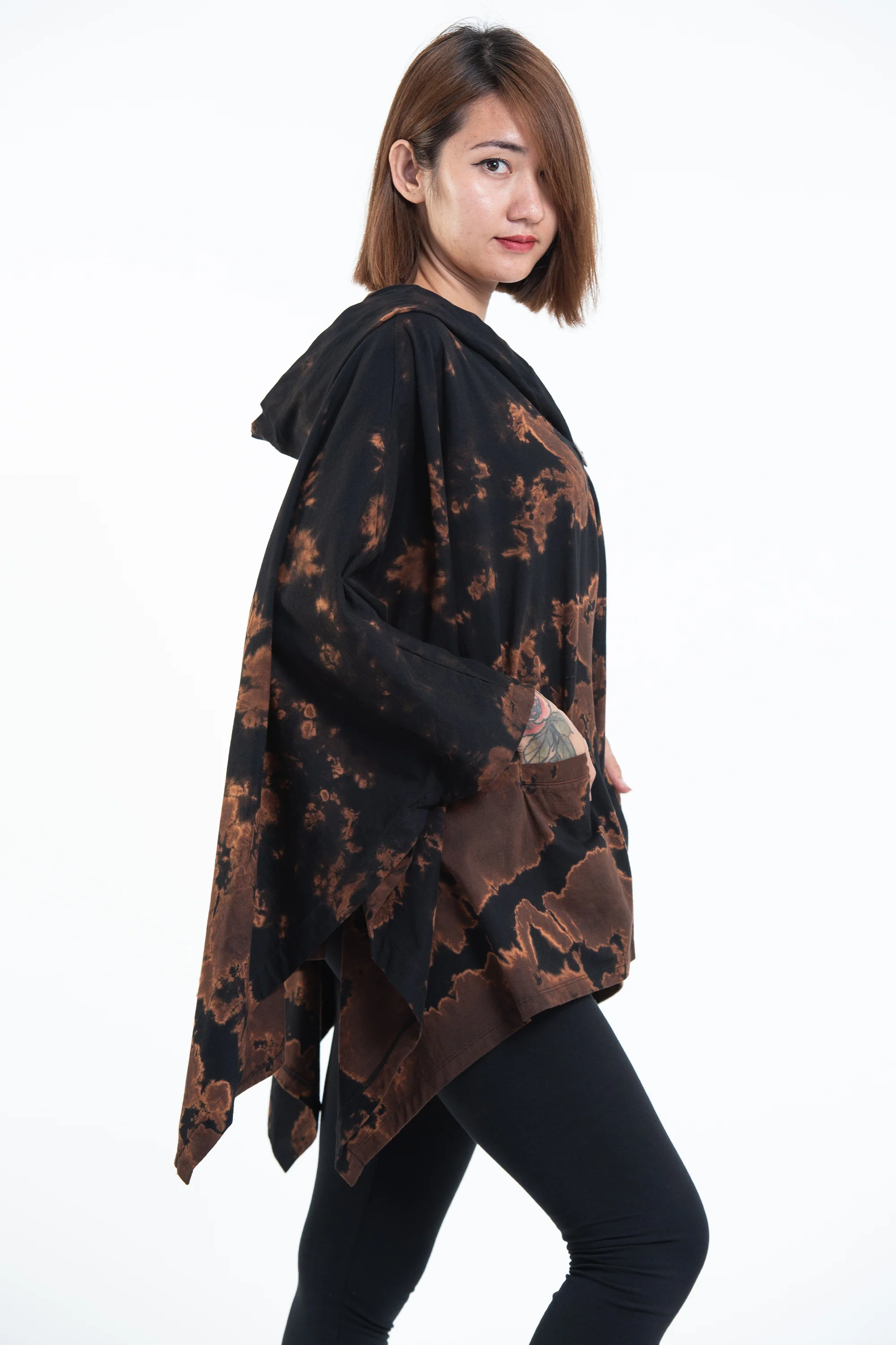Tie Dye Cotton Hooded Poncho Jacket in Black 06