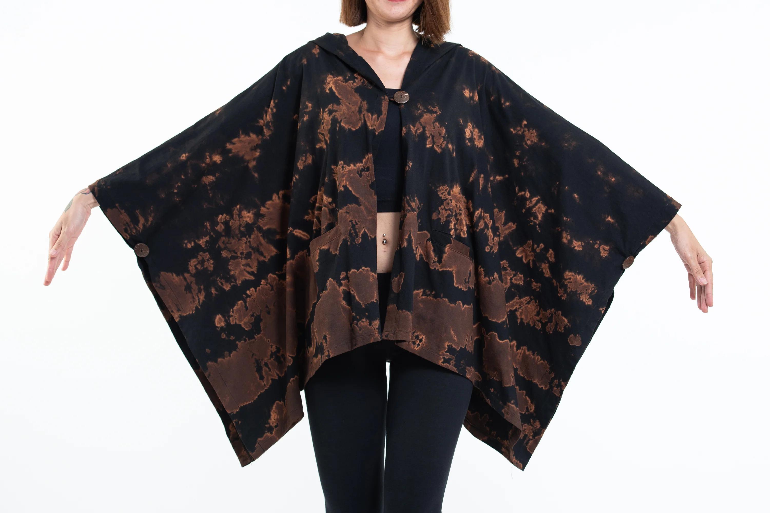 Tie Dye Cotton Hooded Poncho Jacket in Black 06
