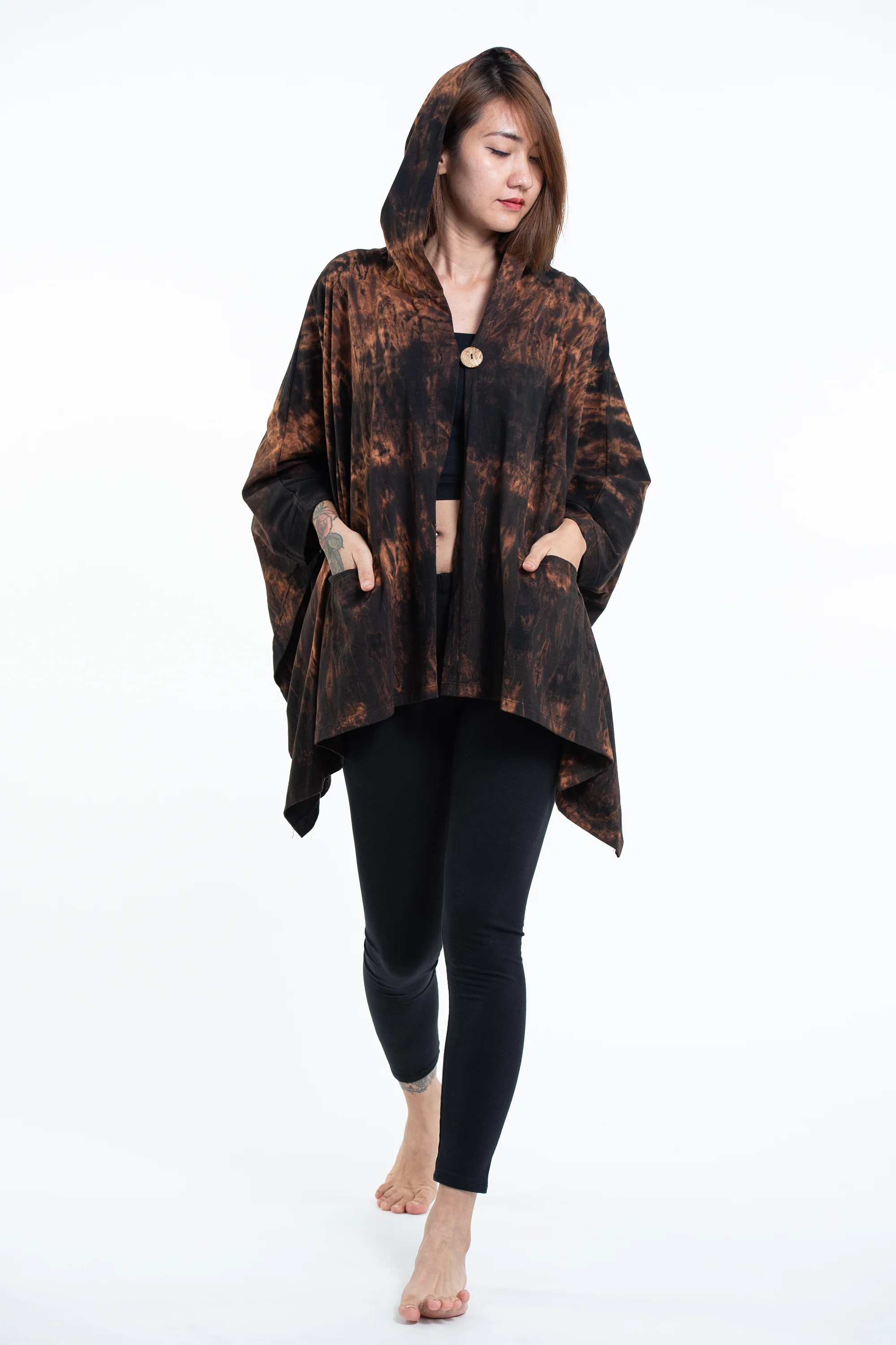 Tie Dye Cotton Hooded Poncho Jacket in Black 05