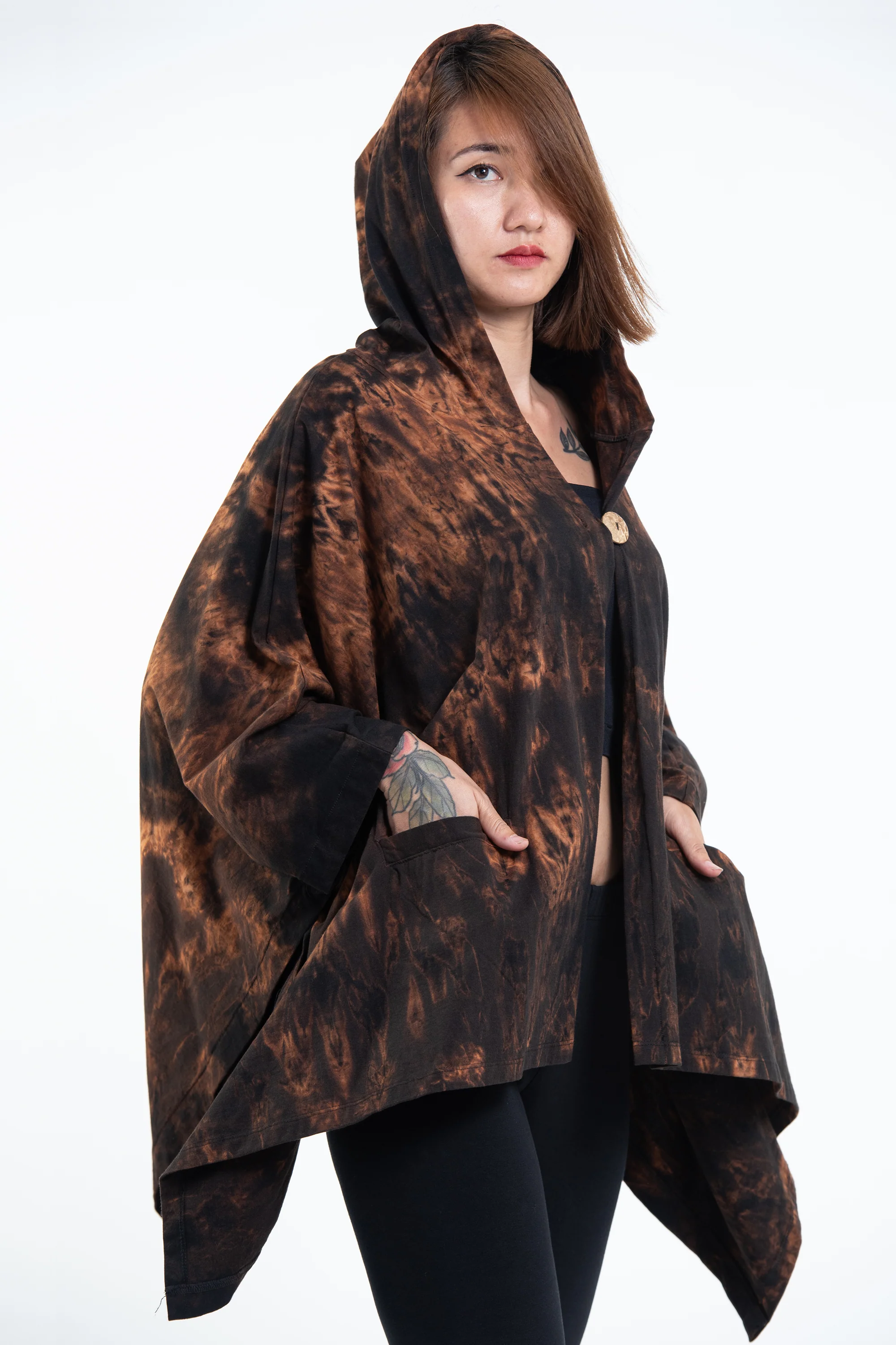 Tie Dye Cotton Hooded Poncho Jacket in Black 05