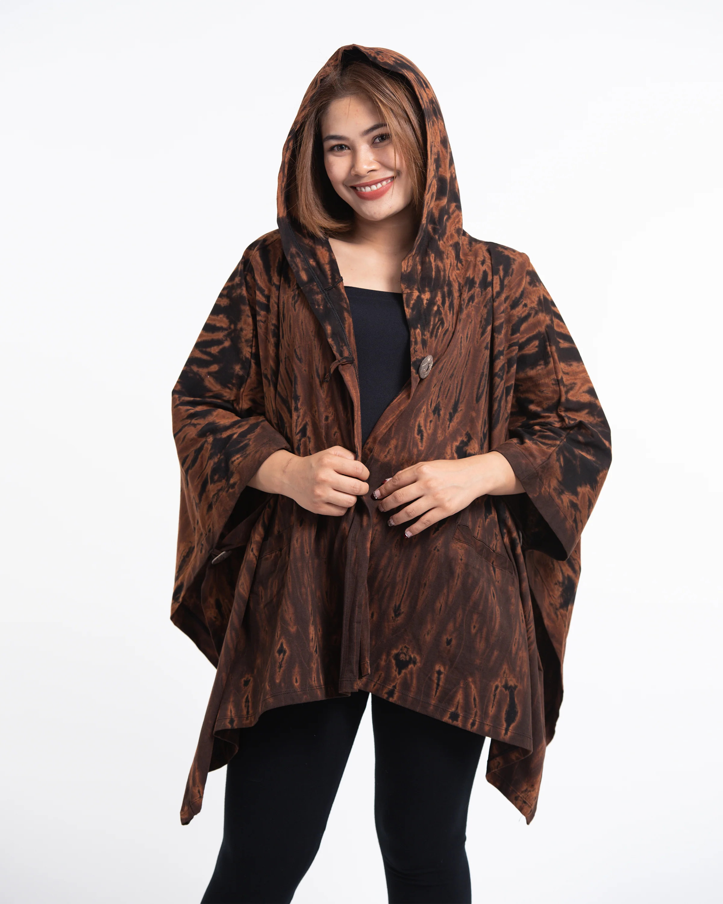 Tie Dye Cotton Hooded Poncho Jacket in Brown 08