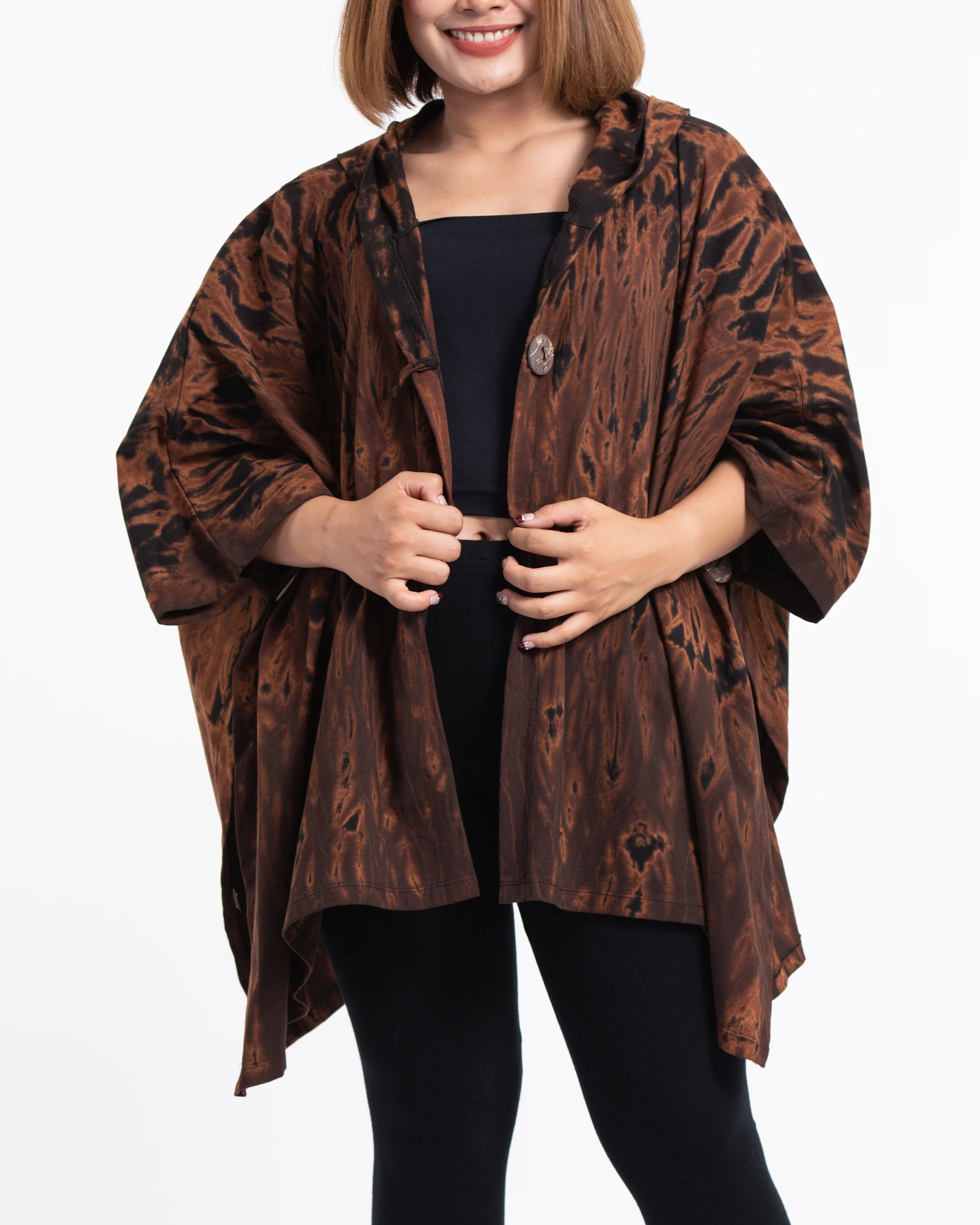 Tie Dye Cotton Hooded Poncho Jacket in Brown 08