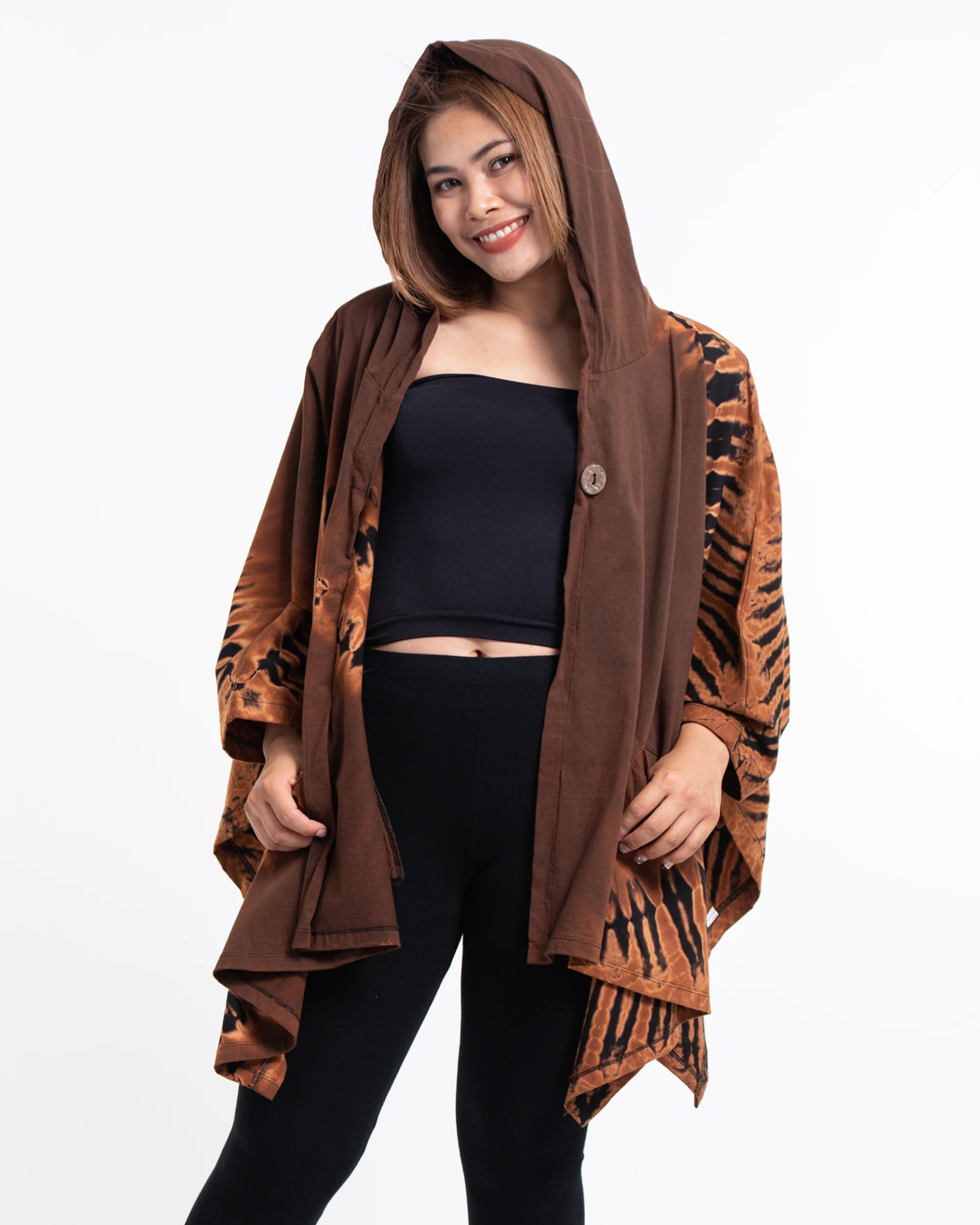 Tie Dye Cotton Hooded Poncho Jacket in Brown 09