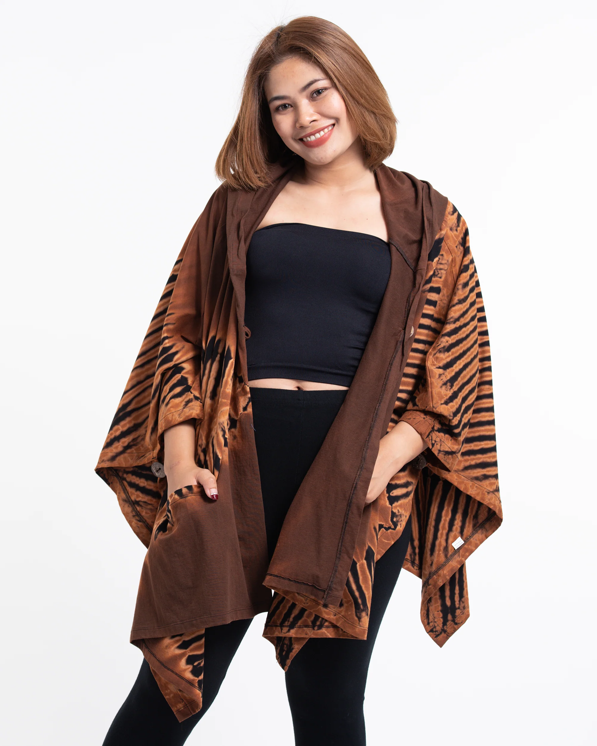 Tie Dye Cotton Hooded Poncho Jacket in Brown 09