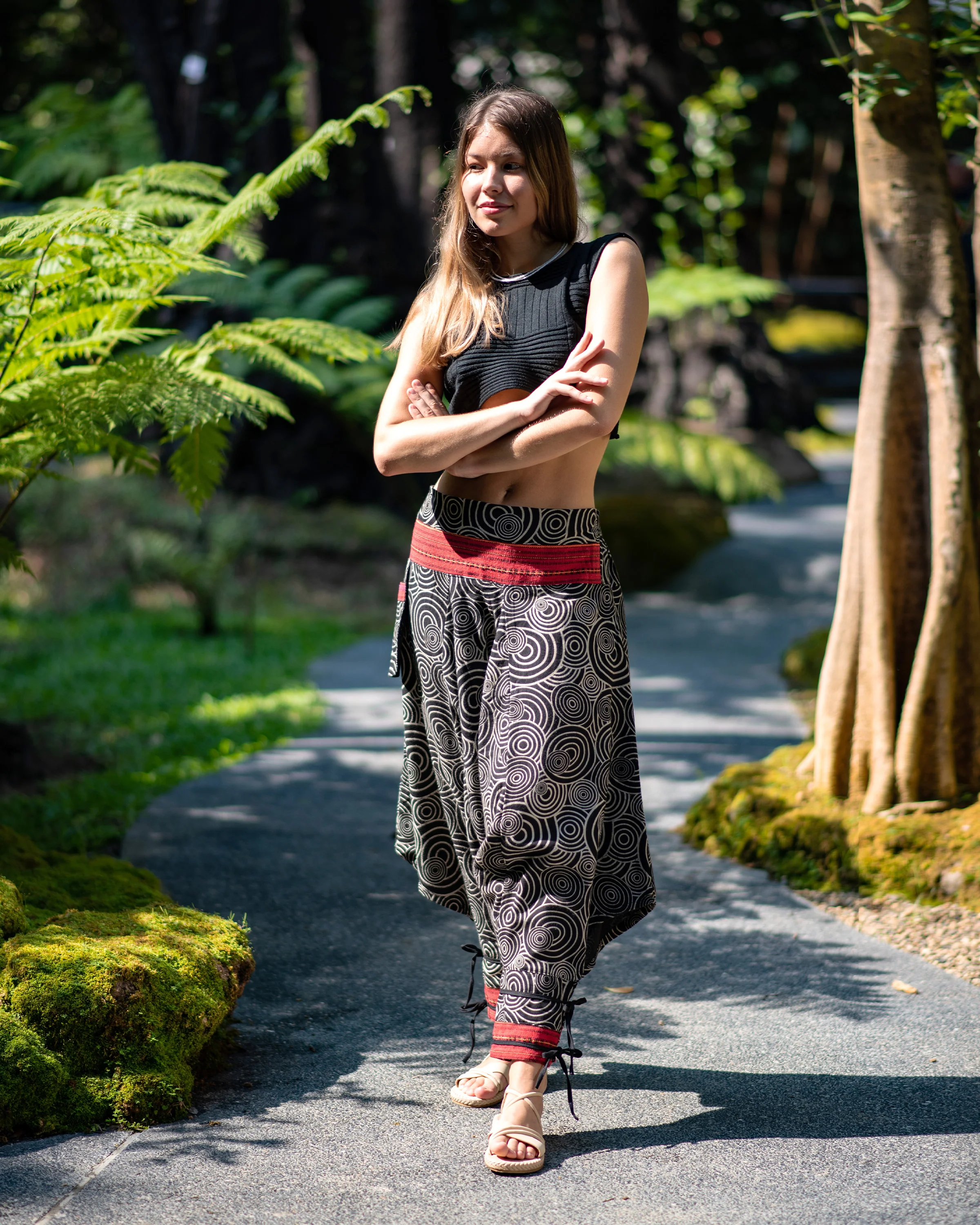 Swirls Prints Thai Hill Tribe Fabric Women's Harem Pants with Ankle Straps in Black