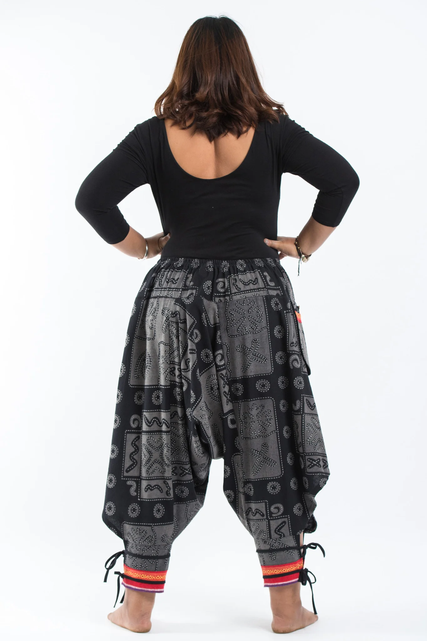 3055-Plus-Size-Black-and-Gray-Thai-Hill-Tribe-Fabric-Women-Harem-Pants-with-Ankle-Straps-4.webp Plus Size Black and Gray Thai Hill Tribe Fabric Women Harem Pants with Ankle Straps
