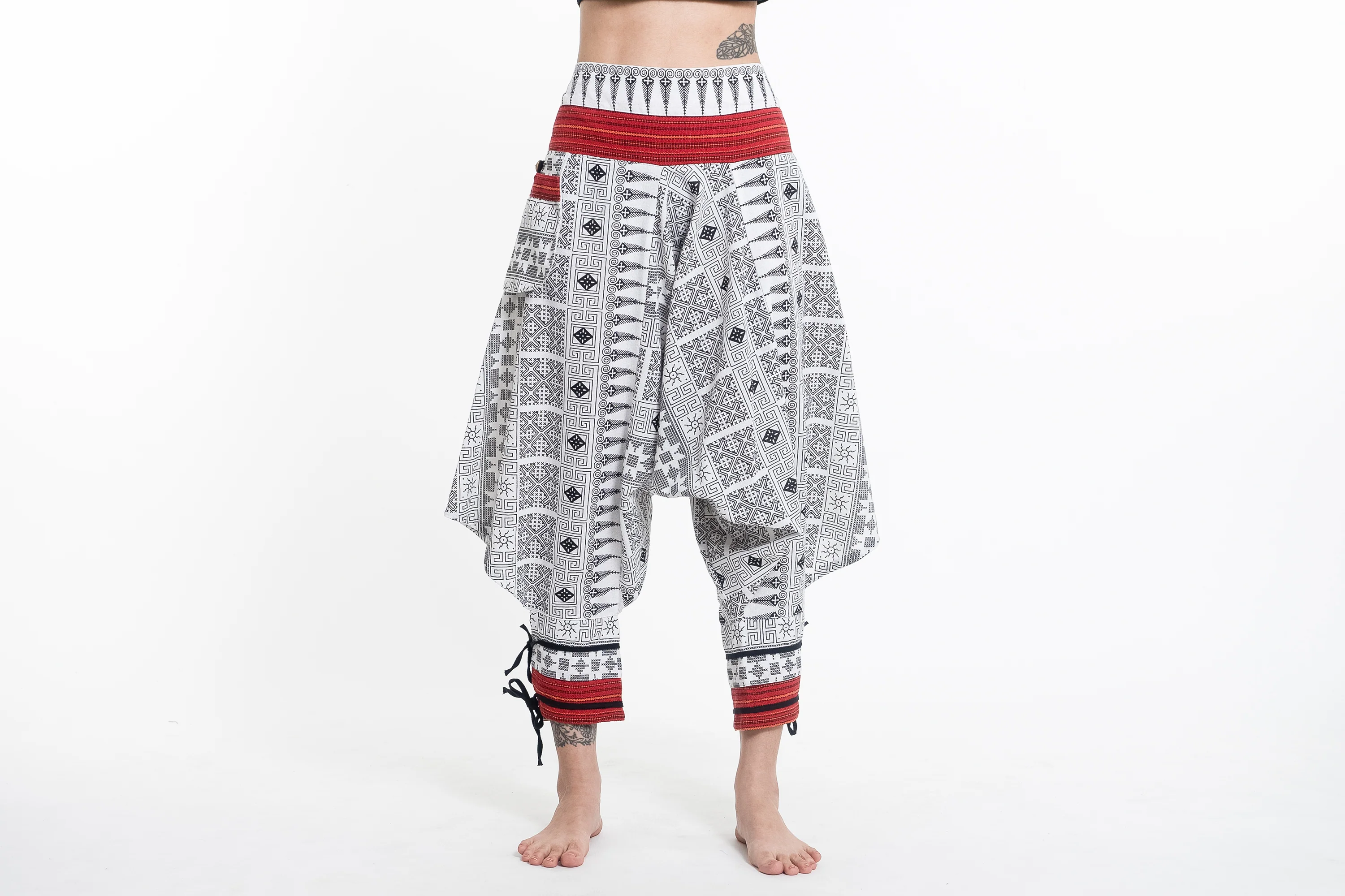 Traditional Prints Thai Hill Tribe Fabric Women's Harem Pants with Ankle Straps in White