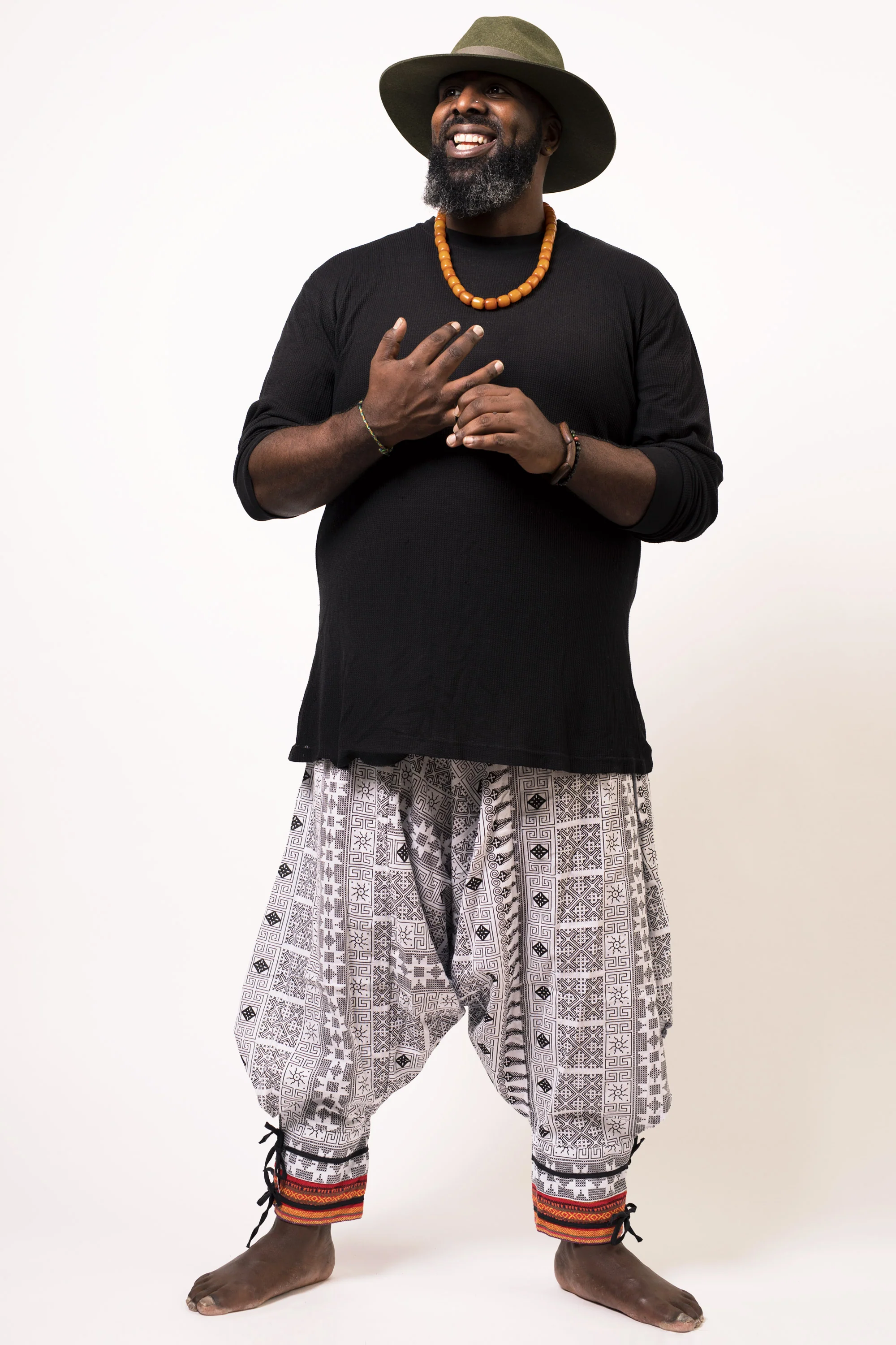 Plus Size Traditional Prints Thai Hill Tribe Fabric Men's Harem Pants with Ankle Straps in White