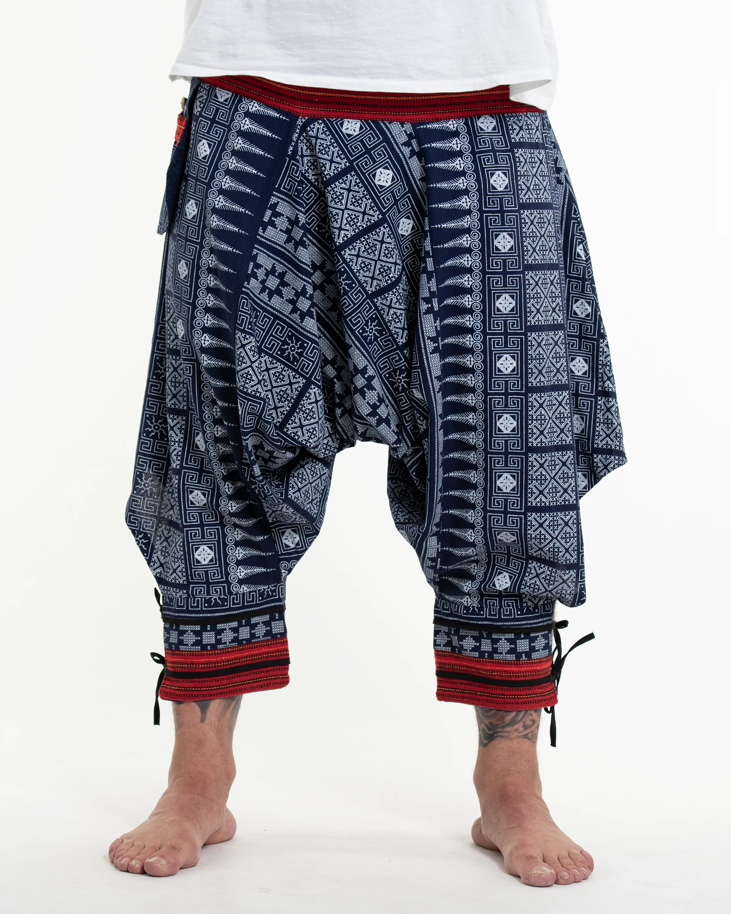 Plus Size Traditional Prints Thai Hill Tribe Fabric Men's Harem Pants with Ankle Straps in Navy