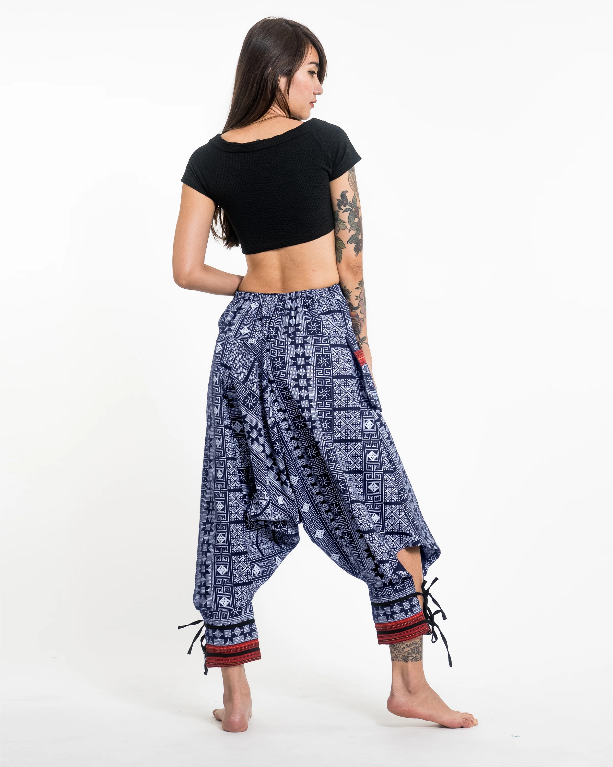 3066-Traditional-Prints-Thai-Hill-Tribe-Fabric-Women-s-Harem-Pants-with-Ankle-Straps-in-Blue-3.webp Traditional Prints Thai Hill Tribe Fabric Women's Harem Pants with Ankle Straps in Blue