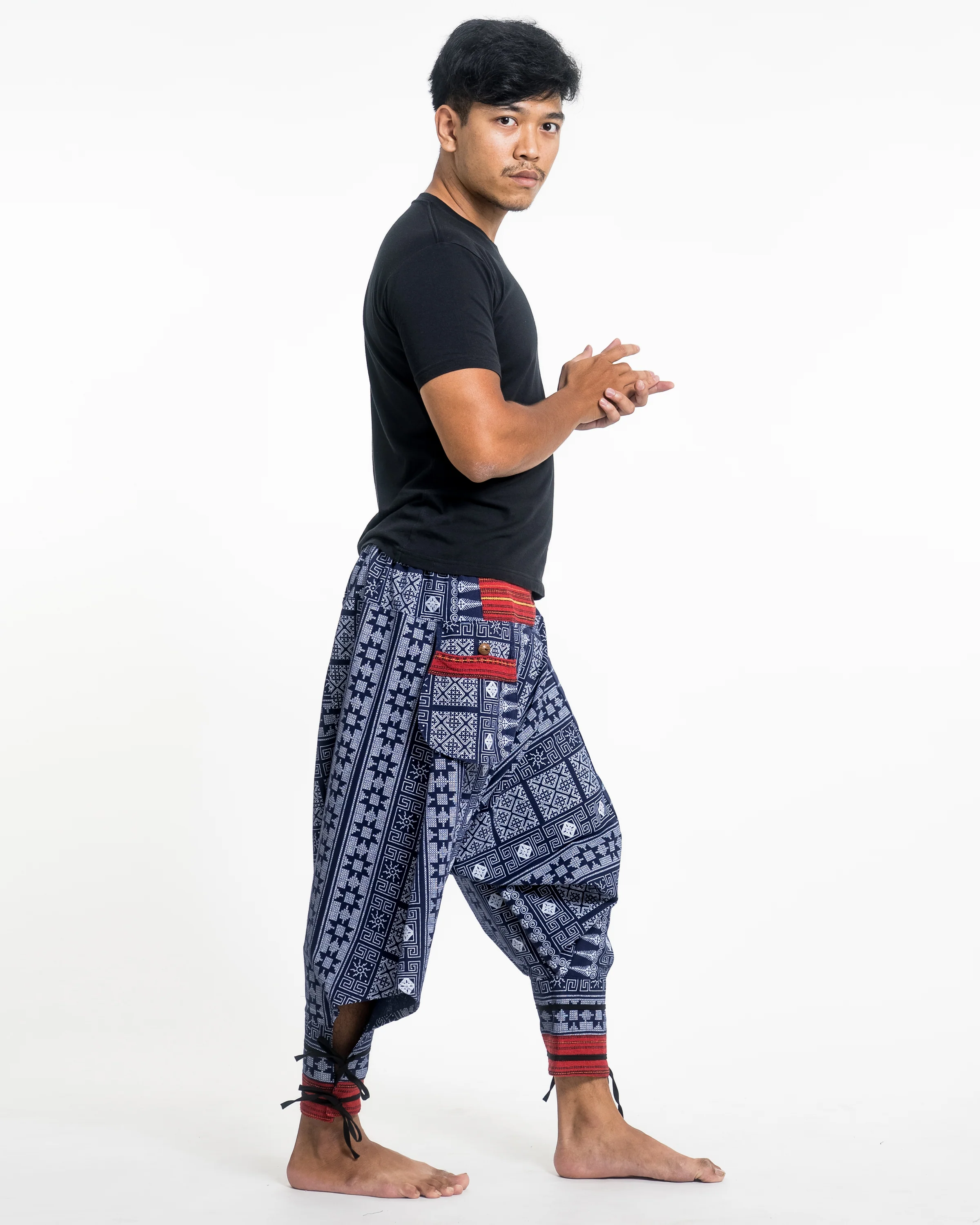 3068-Traditional-Prints-Thai-Hill-Tribe-Fabric-Men-s-Harem-Pants-with-Ankle-Straps-in-Blue-3.webp Traditional Prints Thai Hill Tribe Fabric Men's Harem Pants with Ankle Straps in Blue
