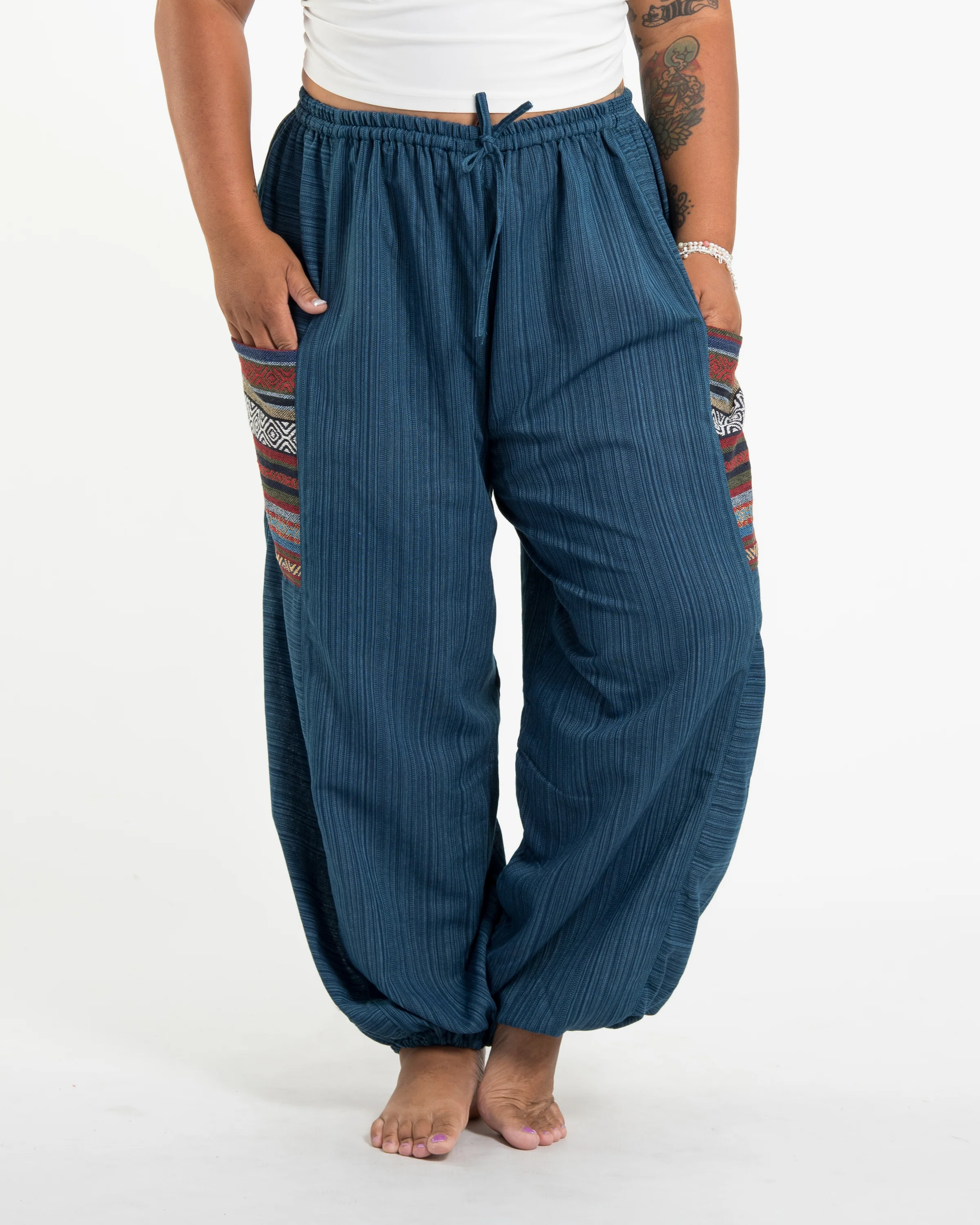 Plus Size Women's Drawstring Pinstripes Cotton Pants with Aztec Pocket in Turquoise