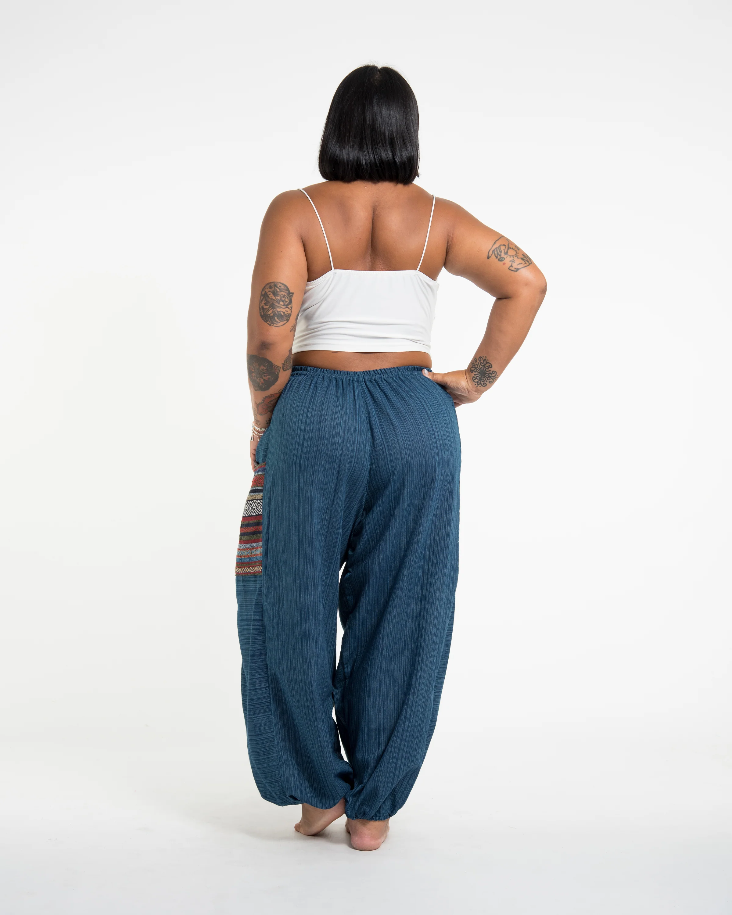 3078-Plus-Size-Women-s-Drawstring-Pinstripes-Cotton-Pants-with-Aztec-Pocket-in-Turquoise-4.webp Plus Size Women's Drawstring Pinstripes Cotton Pants with Aztec Pocket in Turquoise
