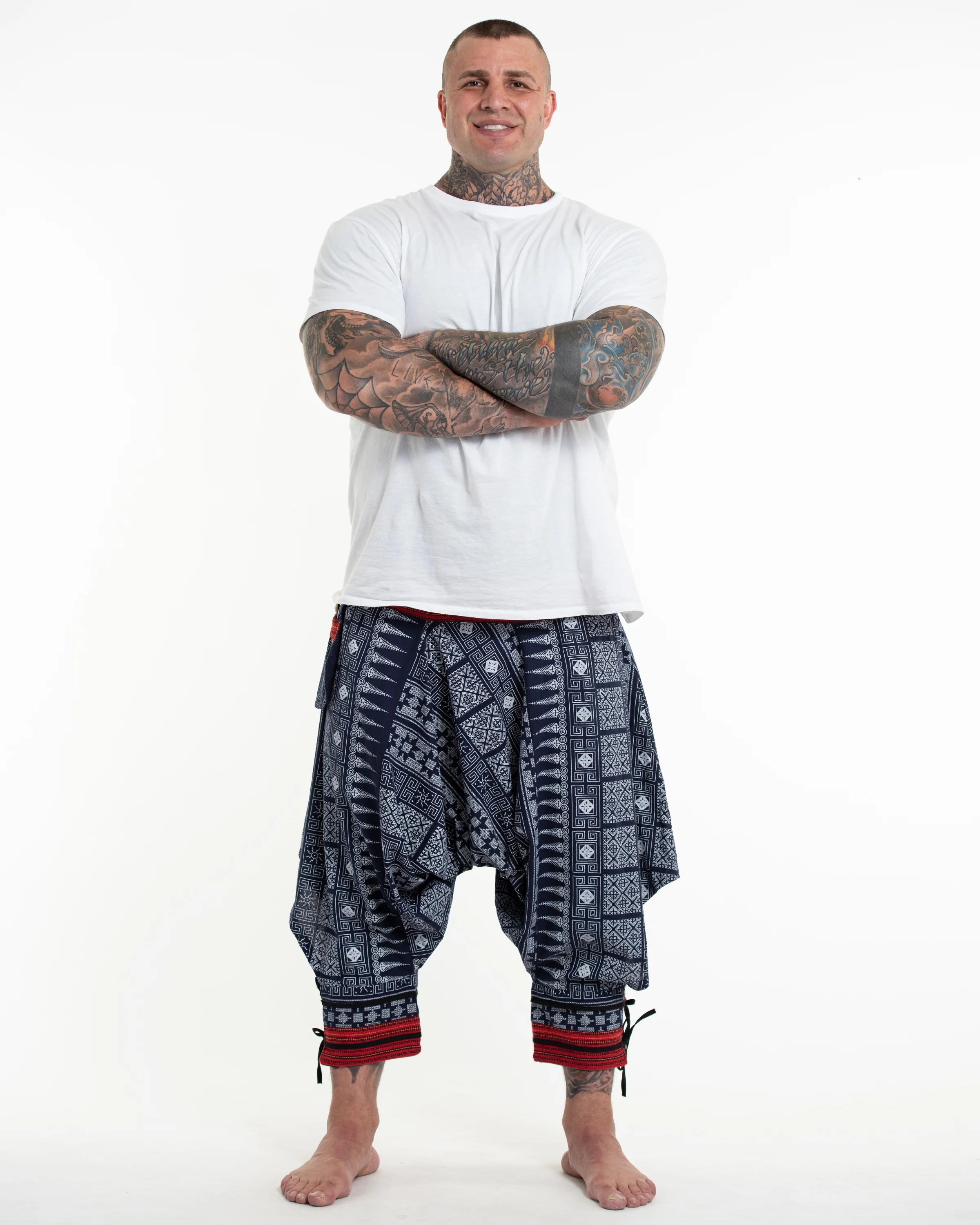3081-Plus-Size-Traditional-Prints-Thai-Hill-Tribe-Fabric-Men-s-Harem-Pants-with-Ankle-Straps-in-Navy-3.webp Plus Size Traditional Prints Thai Hill Tribe Fabric Men's Harem Pants with Ankle Straps in Navy