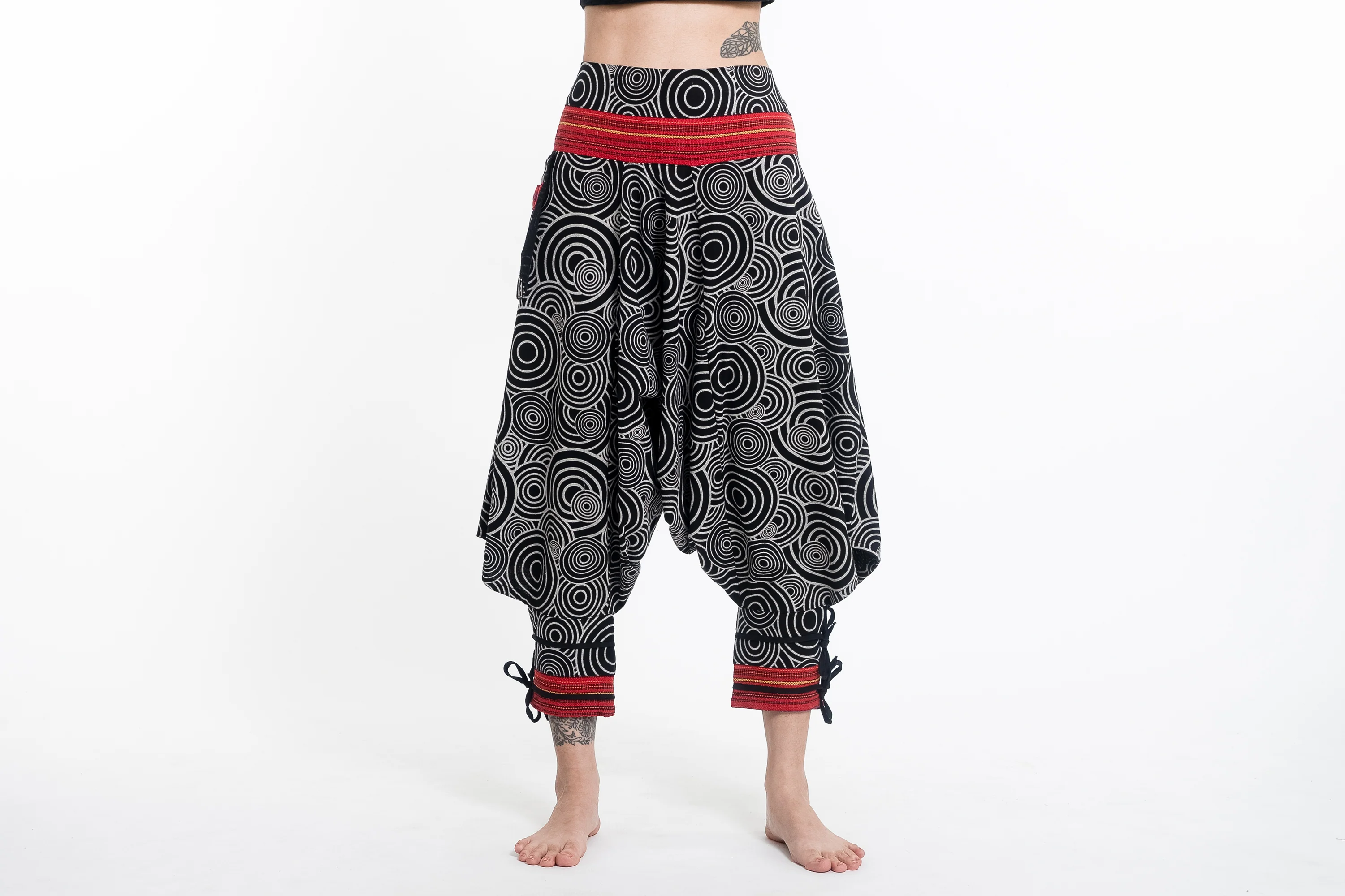 Swirls Prints Thai Hill Tribe Fabric Women's Harem Pants with Ankle Straps in Black