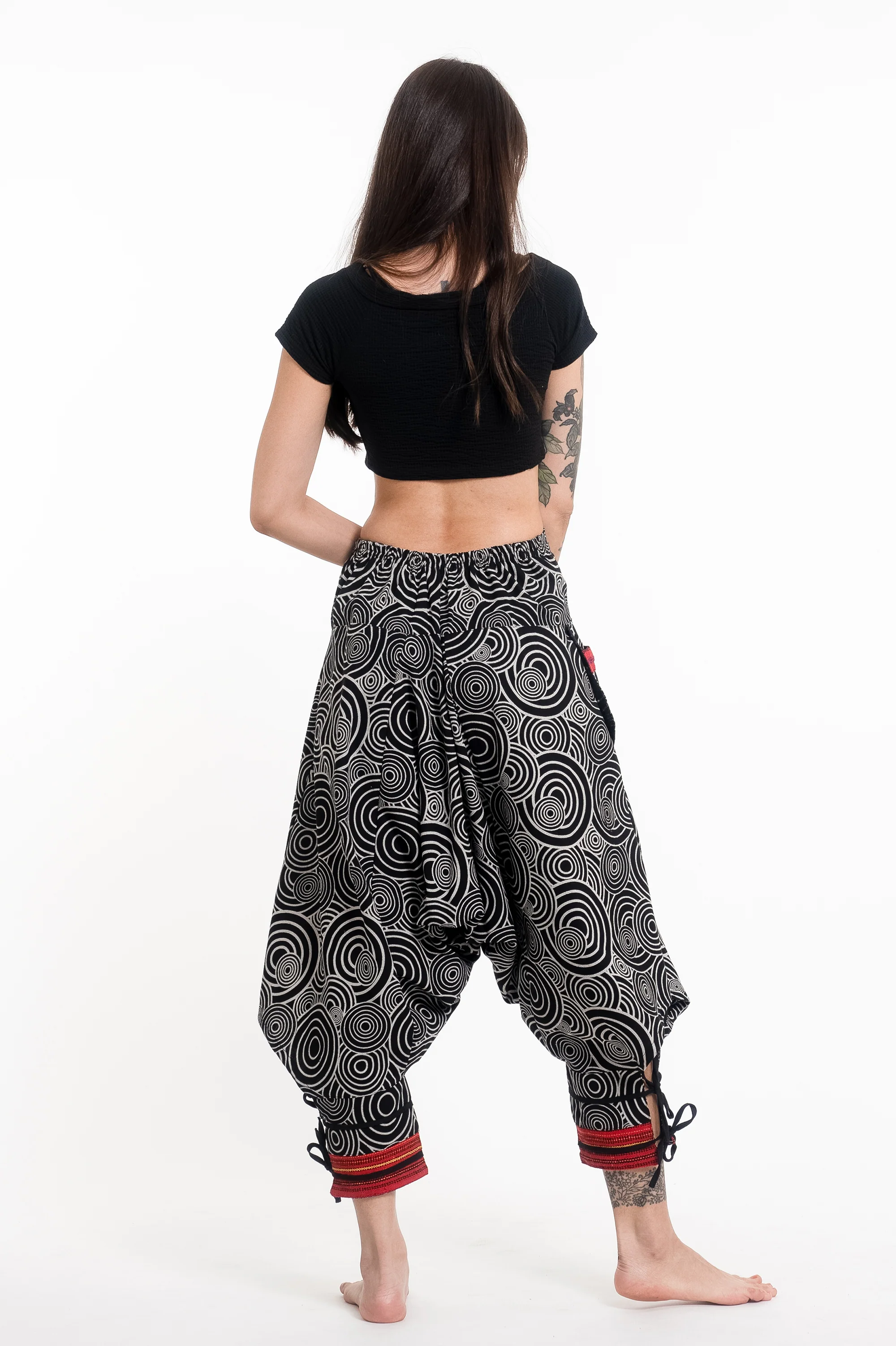 3088-Swirls-Prints-Thai-Hill-Tribe-Fabric-Women-s-Harem-Pants-with-Ankle-Straps-in-Black-5.webp Swirls Prints Thai Hill Tribe Fabric Women's Harem Pants with Ankle Straps in Black