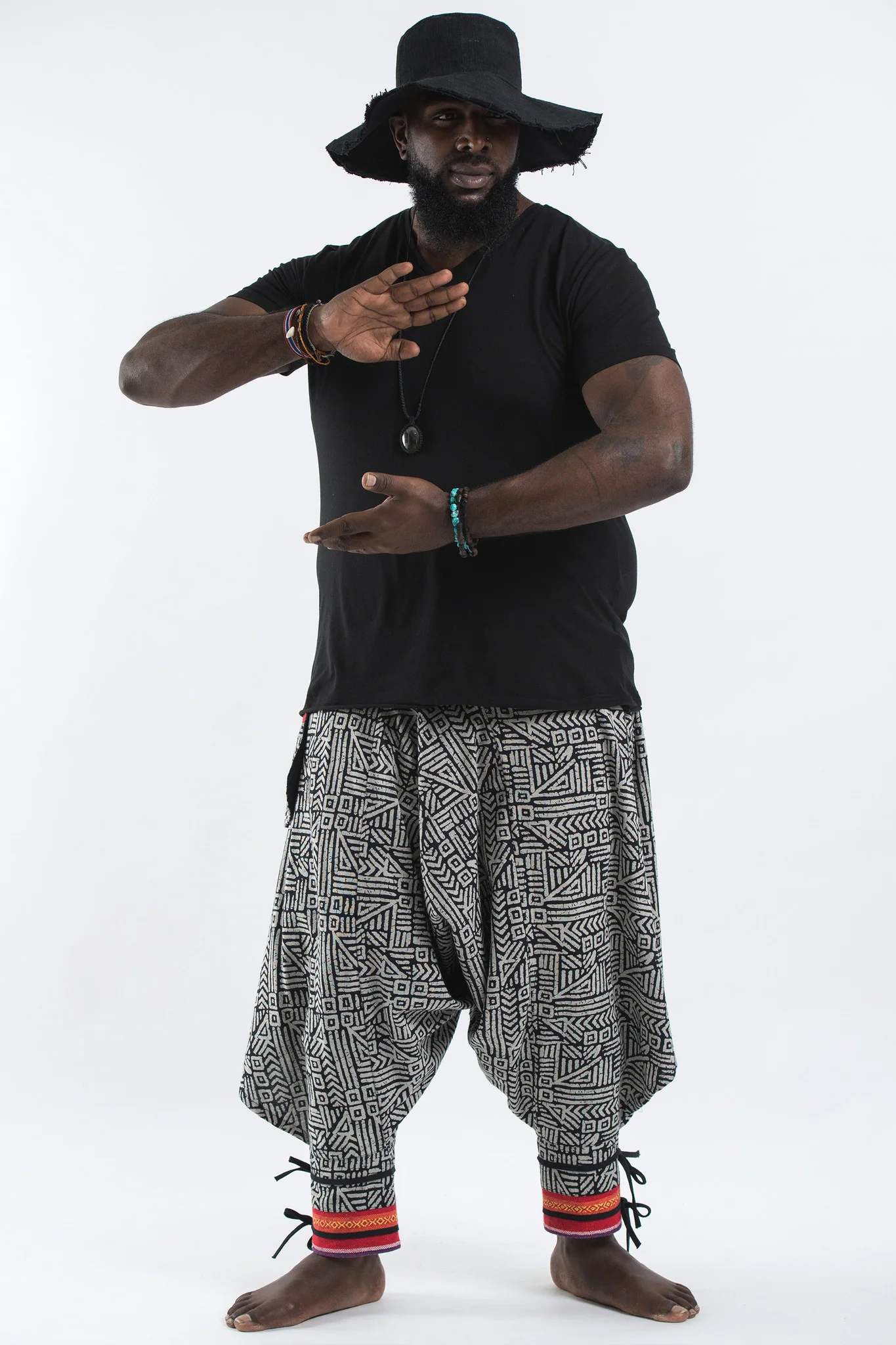 3091-Plus-Size-Woven-Prints-Thai-Hill-Tribe-Fabric-Men-Harem-Pants-with-Ankle-Straps-in-Black-3.webp Plus Size Woven Prints Thai Hill Tribe Fabric Men Harem Pants with Ankle Straps in Black