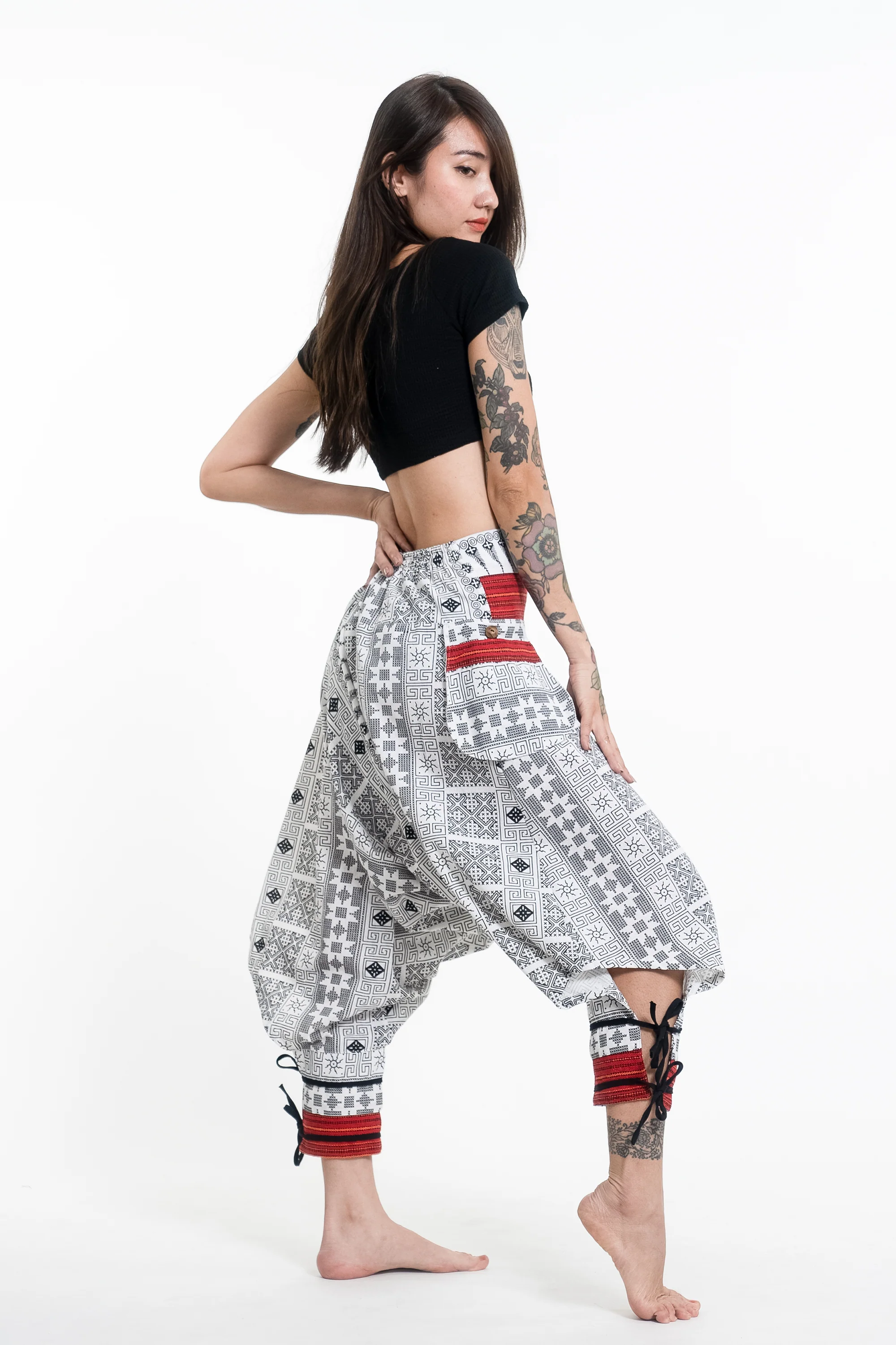 3094-Traditional-Prints-Thai-Hill-Tribe-Fabric-Women-s-Harem-Pants-with-Ankle-Straps-in-White-3.webp Traditional Prints Thai Hill Tribe Fabric Women's Harem Pants with Ankle Straps in White