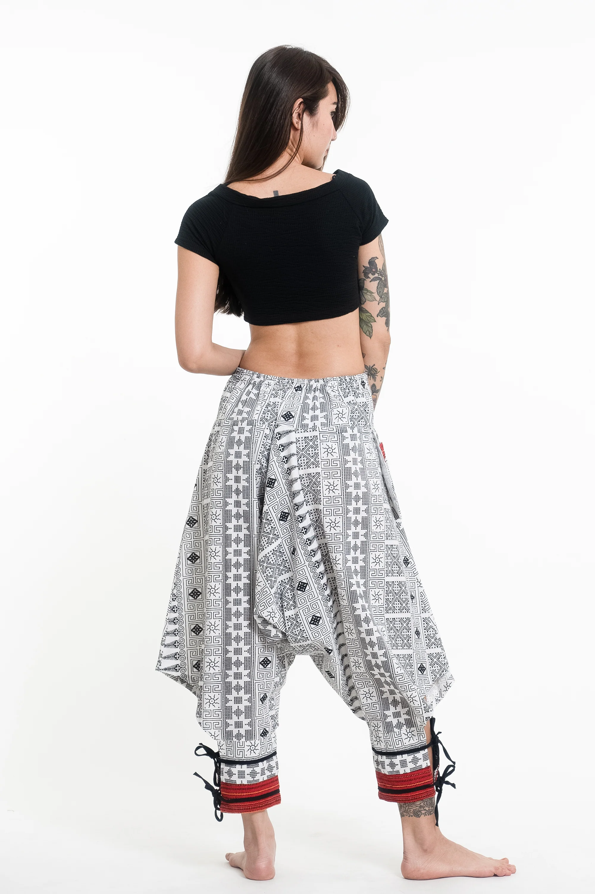 3094-Traditional-Prints-Thai-Hill-Tribe-Fabric-Women-s-Harem-Pants-with-Ankle-Straps-in-White-4.webp Traditional Prints Thai Hill Tribe Fabric Women's Harem Pants with Ankle Straps in White