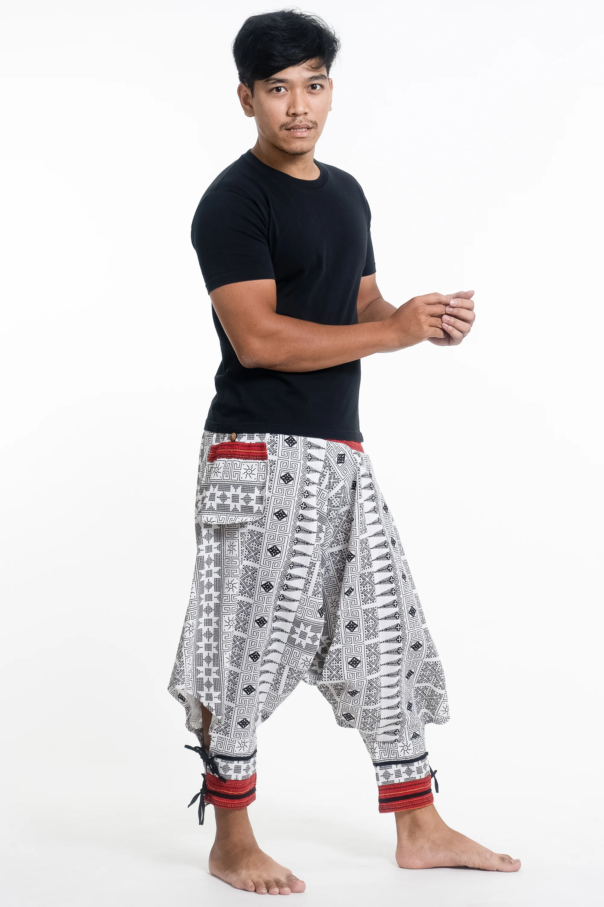 3095-Traditional-Prints-Thai-Hill-Tribe-Fabric-Men-s-Harem-Pants-with-Ankle-Straps-in-White-3.webp Traditional Prints Thai Hill Tribe Fabric Men's Harem Pants with Ankle Straps in White
