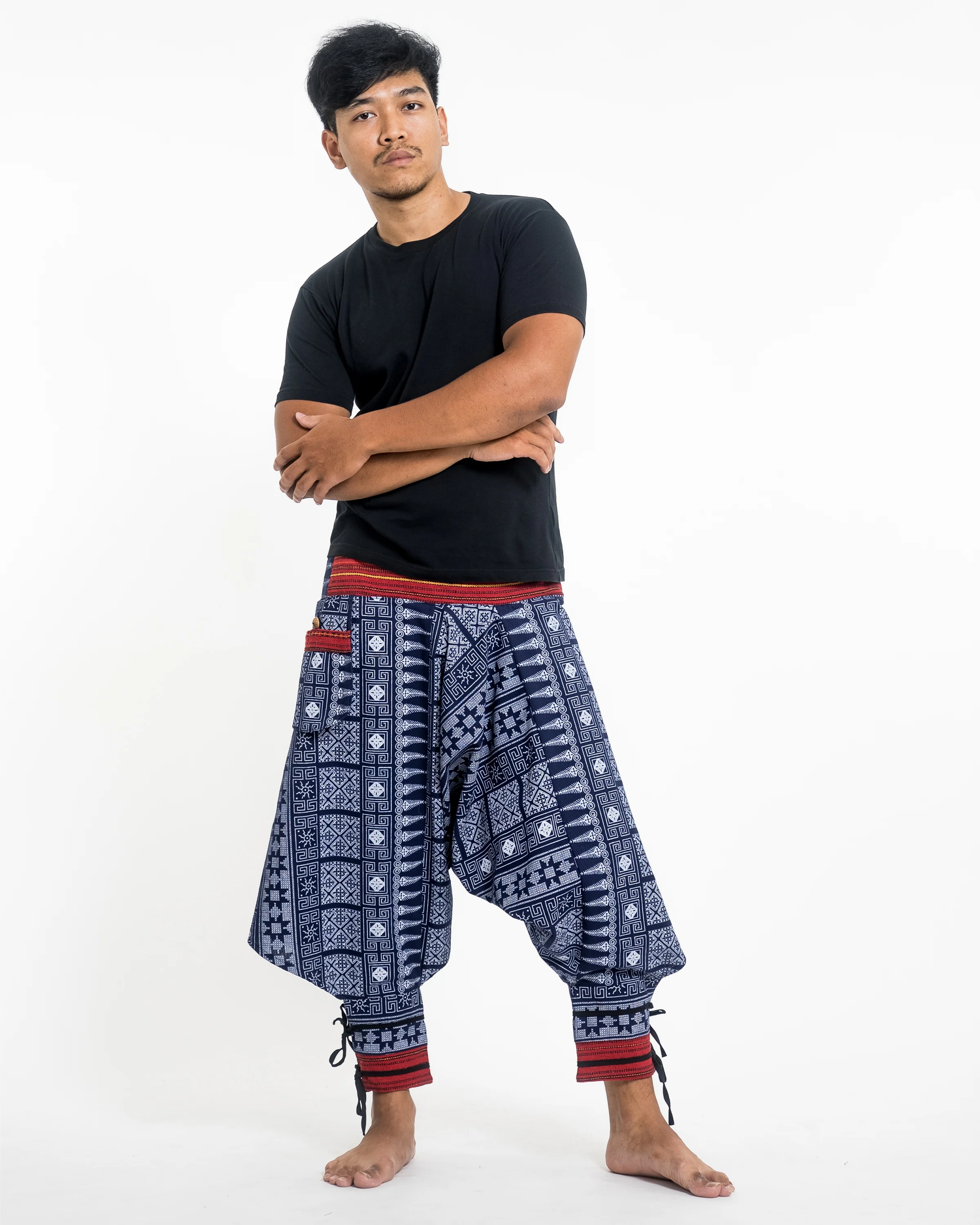 Traditional Prints Thai Hill Tribe Fabric Men's Harem Pants with Ankle Straps in Blue
