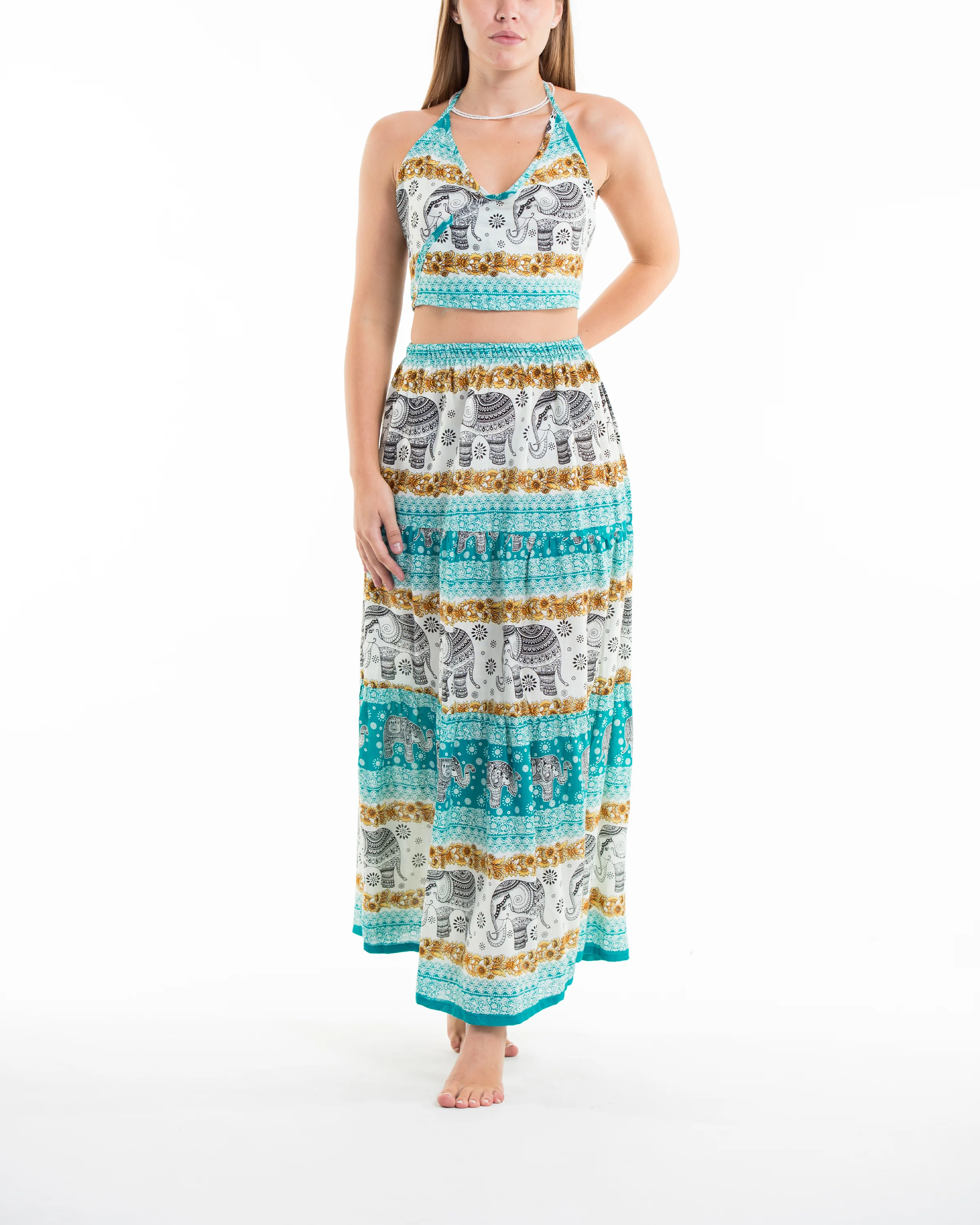 Elephant Dreams Crop Top and Long Skirt in Turquoise