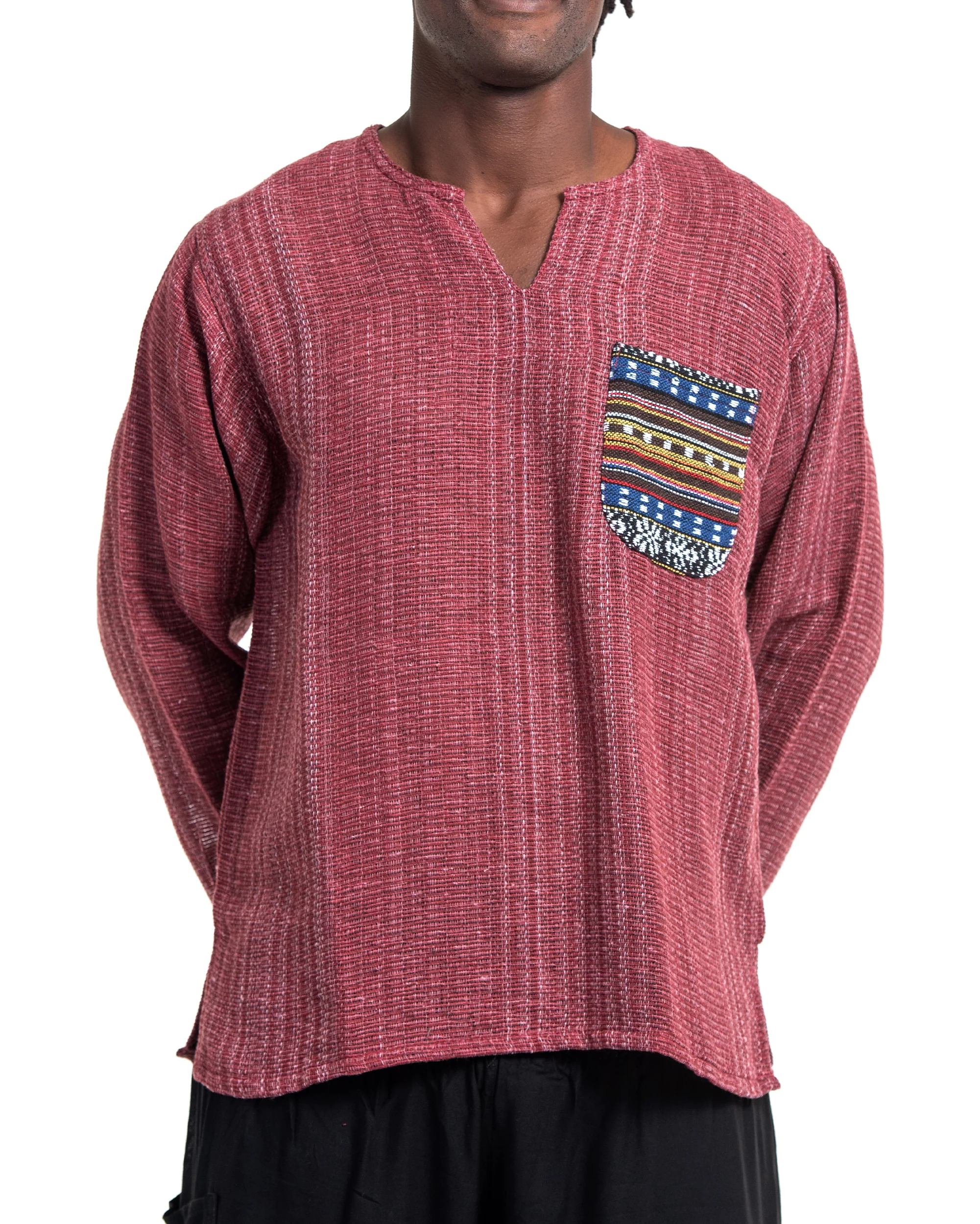3124-Unisex-Woven-Cotton-Shirt-with-Tribal-Pocket-in-Red-2.webp Unisex Woven Cotton Shirt with Tribal Pocket in Red