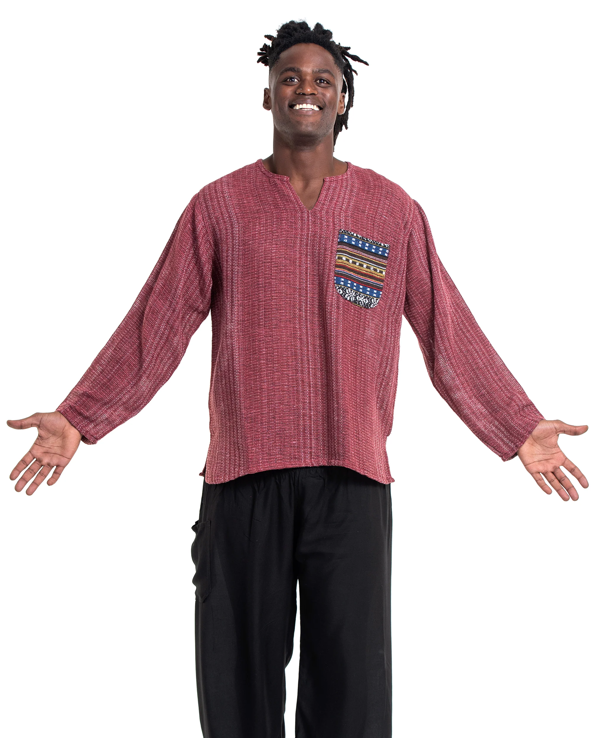 3124-Unisex-Woven-Cotton-Shirt-with-Tribal-Pocket-in-Red-4.webp Unisex Woven Cotton Shirt with Tribal Pocket in Red