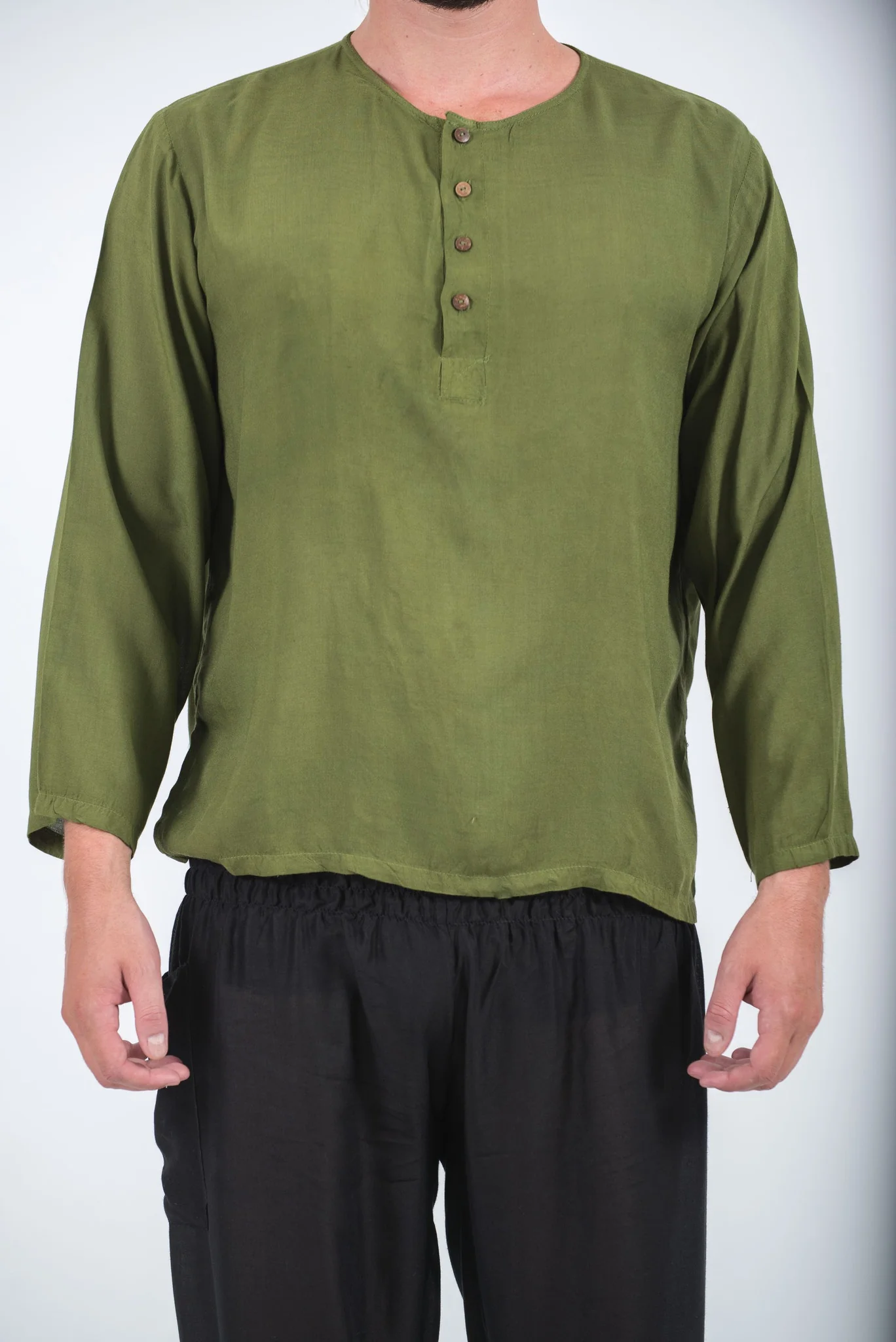 Mens Yoga Shirts No Collar with Coconut Buttons in Olive