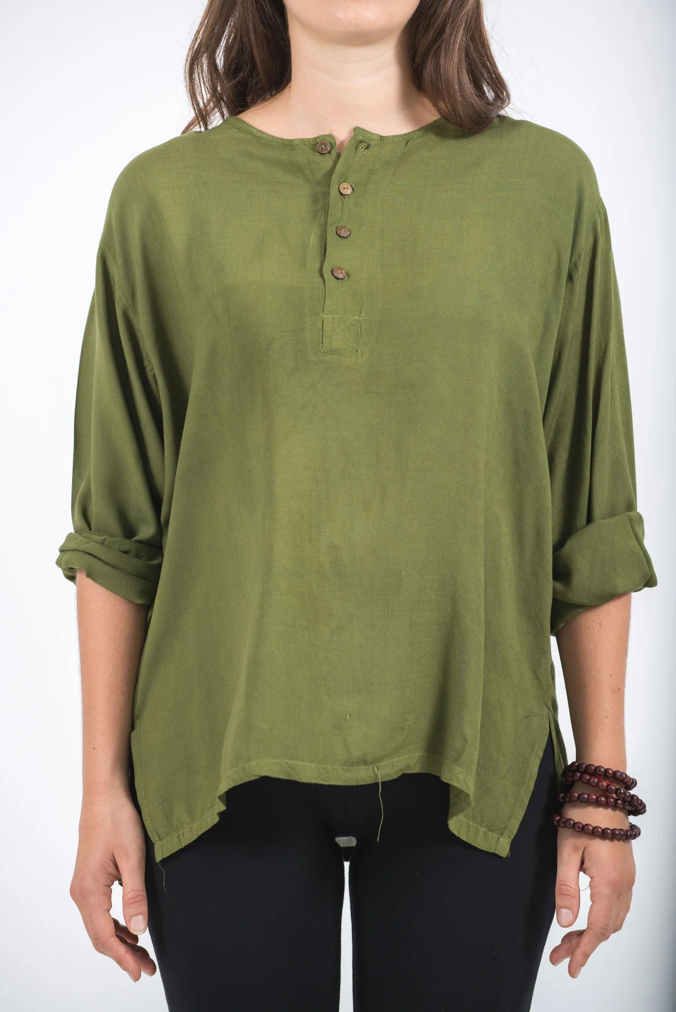 Womens Yoga Shirts No Collar with Coconut Buttons in Olive