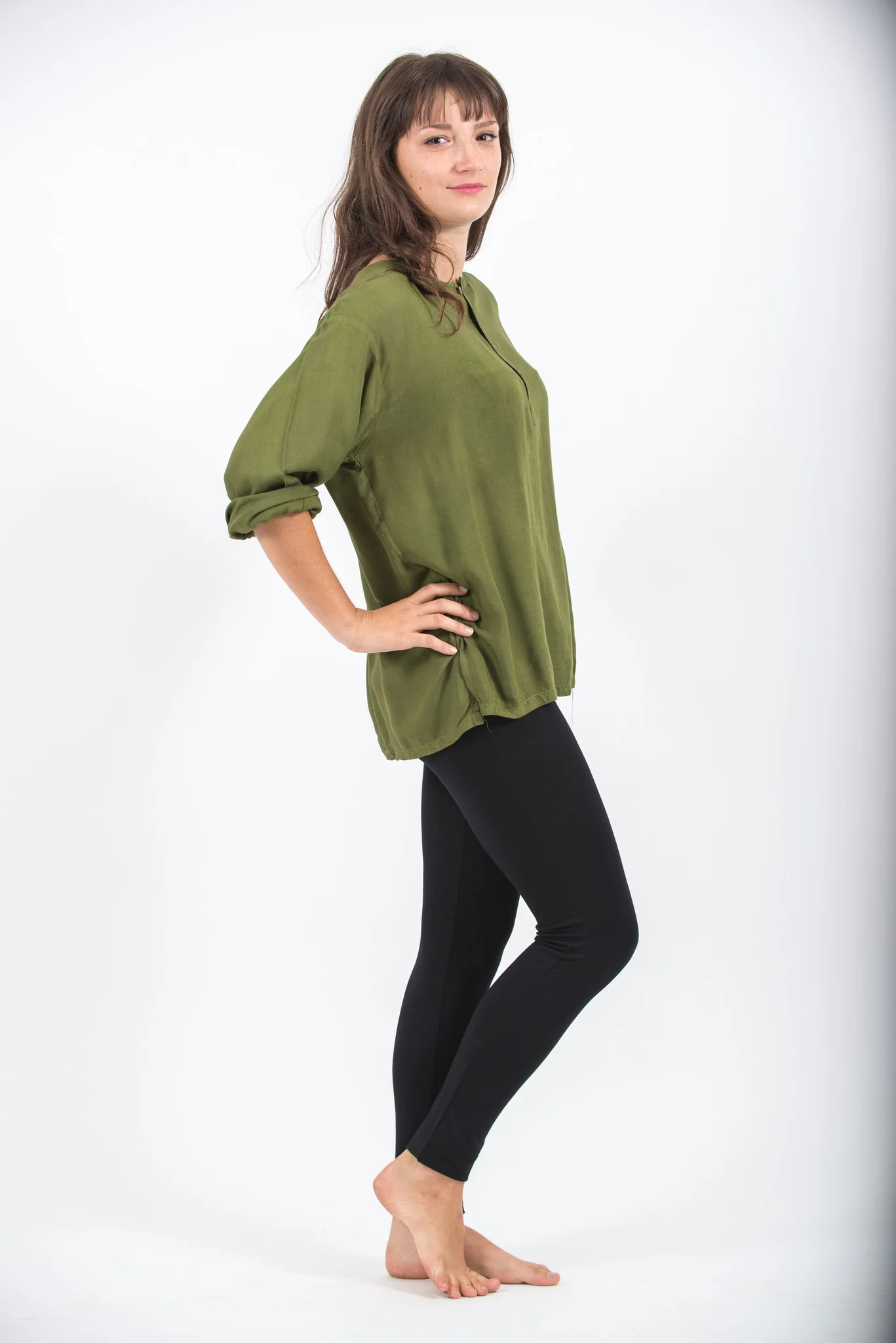 3169-Womens-Yoga-Shirts-No-Collar-with-Coconut-Buttons-in-Olive-3.webp Womens Yoga Shirts No Collar with Coconut Buttons in Olive