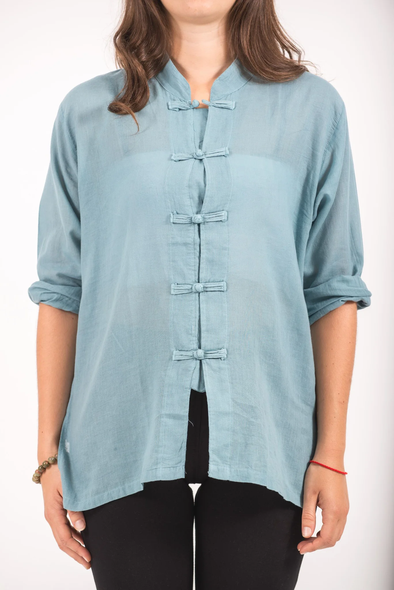 Womens Yoga Shirts Chinese Collared in Aqua