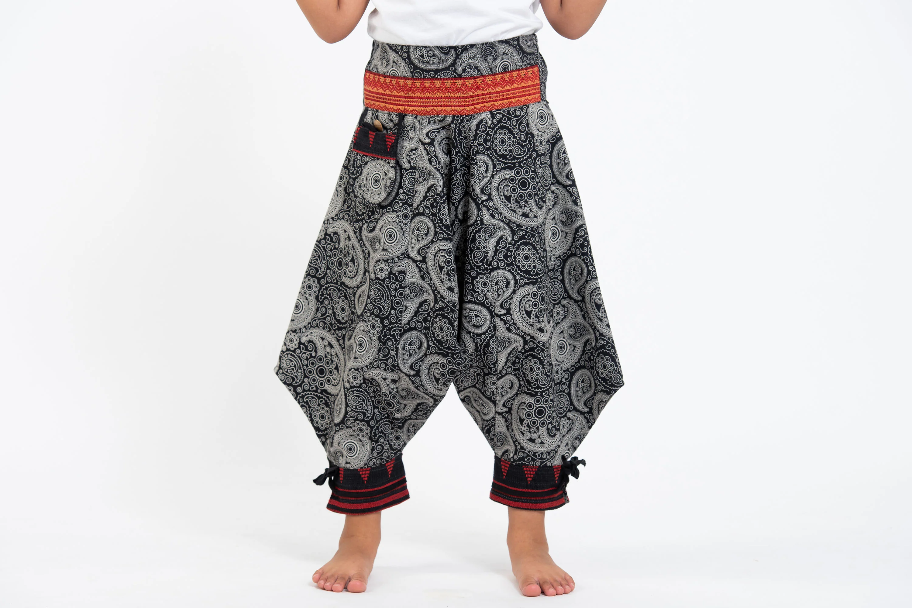 Paisley Thai Hill Tribe Fabric Kids Harem Pants with Ankle Straps in Black