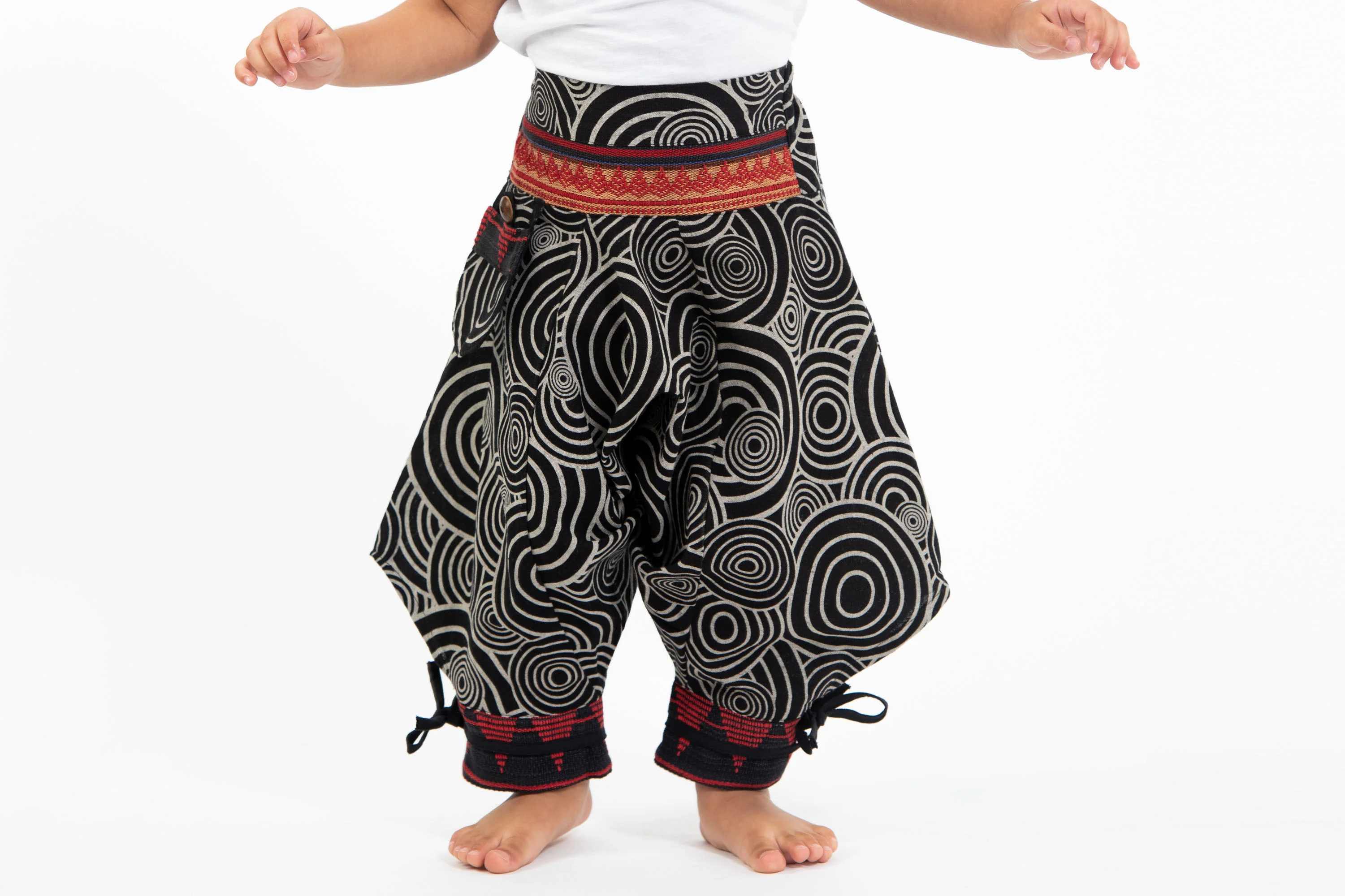 Swirls Prints Thai Hill Tribe Fabric Kids Harem Pants with Ankle Straps in Black