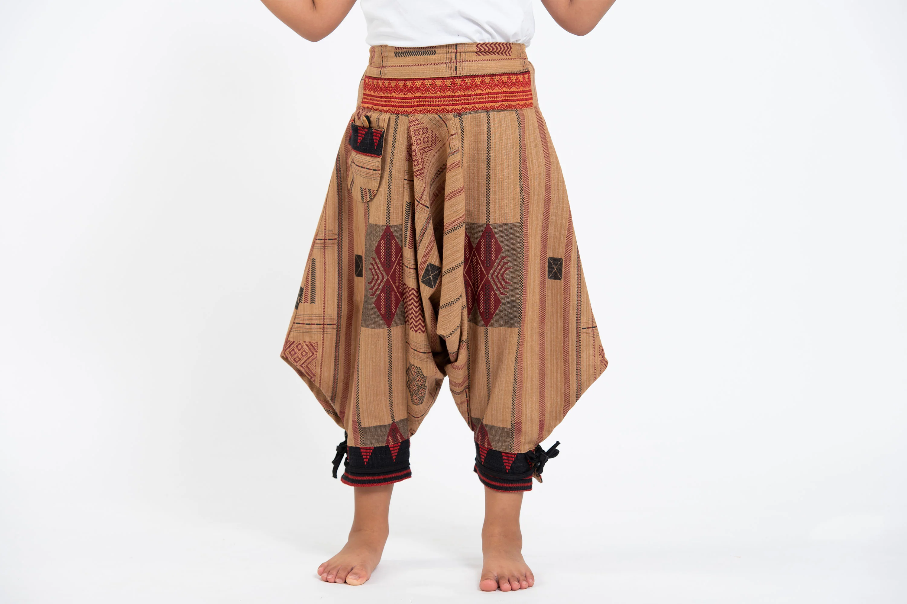 Thai Hill Tribe Fabric Kids Harem Pants with Ankle Straps in Beige