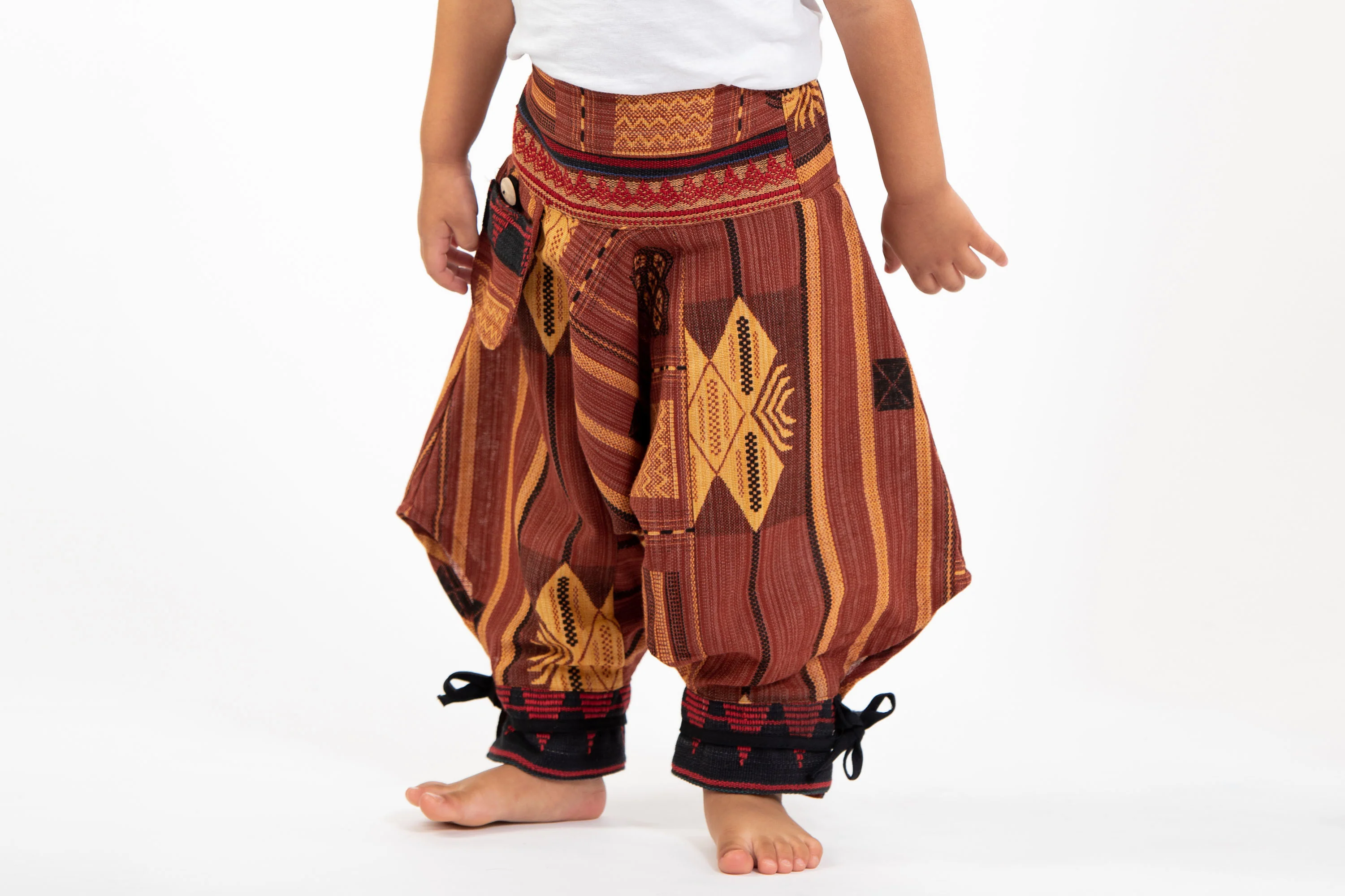 Thai Hill Tribe Fabric Kids Harem Pants with Ankle Straps in Brick