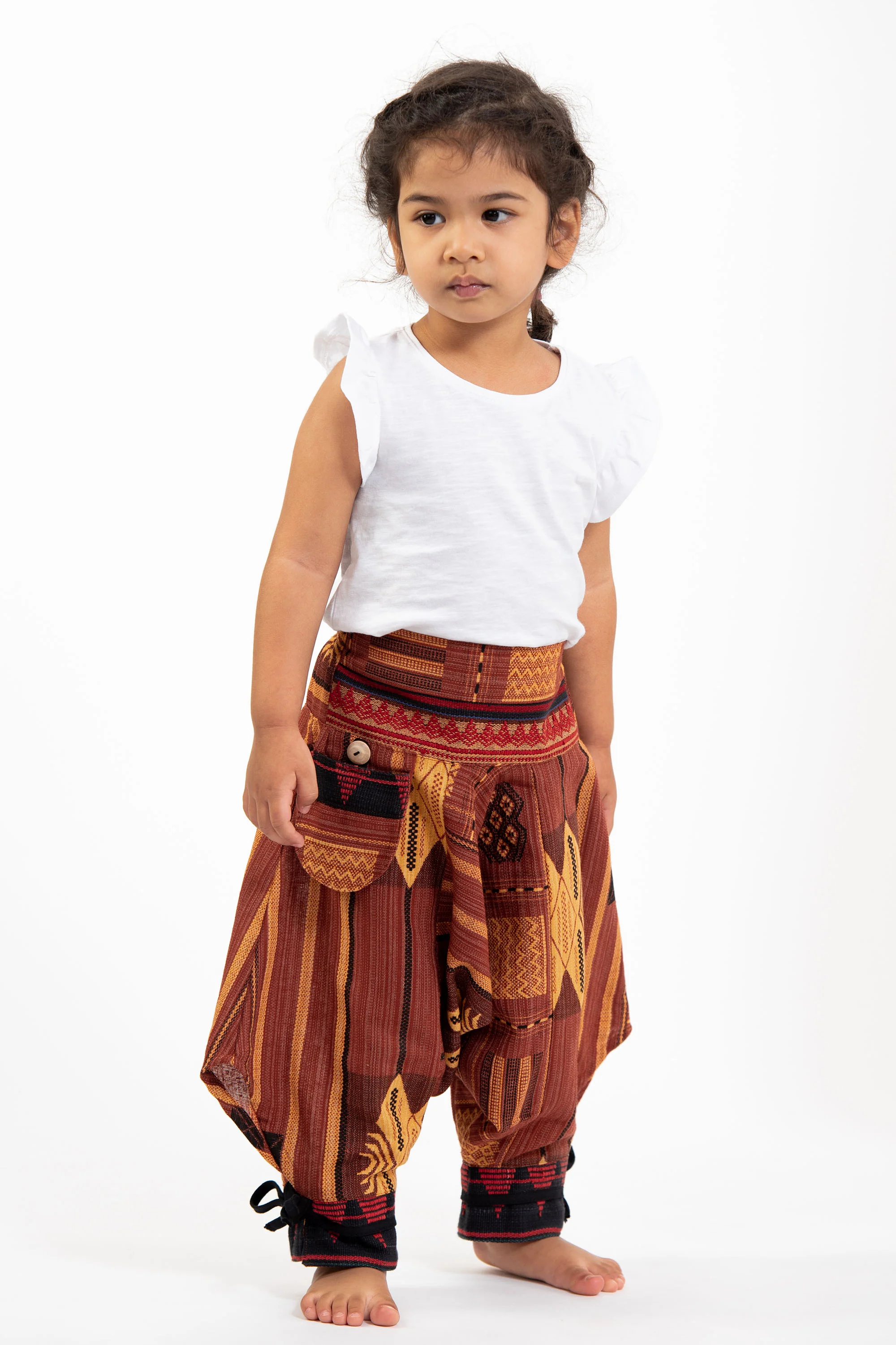 346-Thai-Hill-Tribe-Fabric-Kids-Harem-Pants-with-Ankle-Straps-in-Brick-3.webp Thai Hill Tribe Fabric Kids Harem Pants with Ankle Straps in Brick