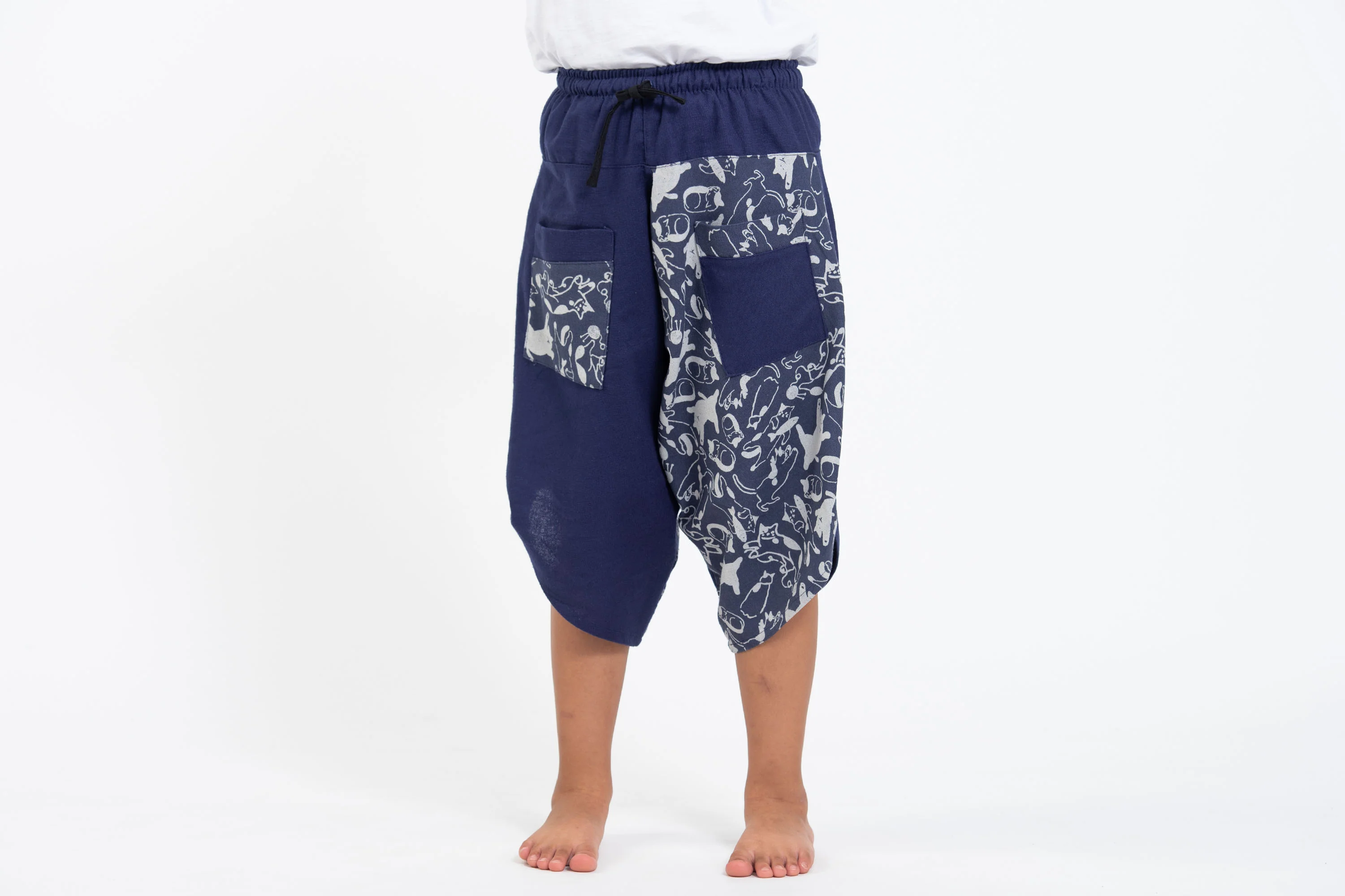 Two Tone Cats Prints Kids Three Quarter Pants in Blue