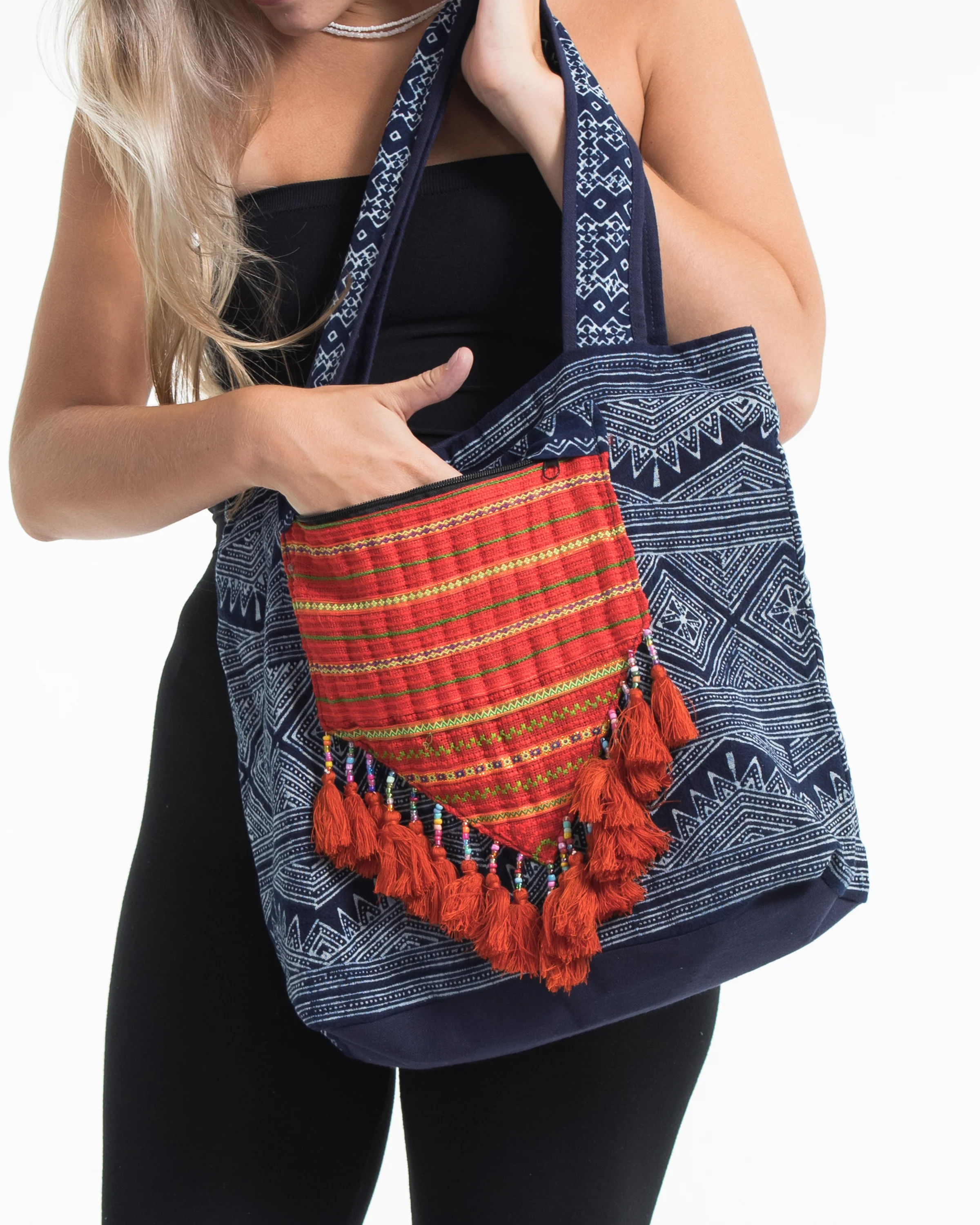 Hmong Indigo Batik and Embroidered Tote Bag with Orange Tassels