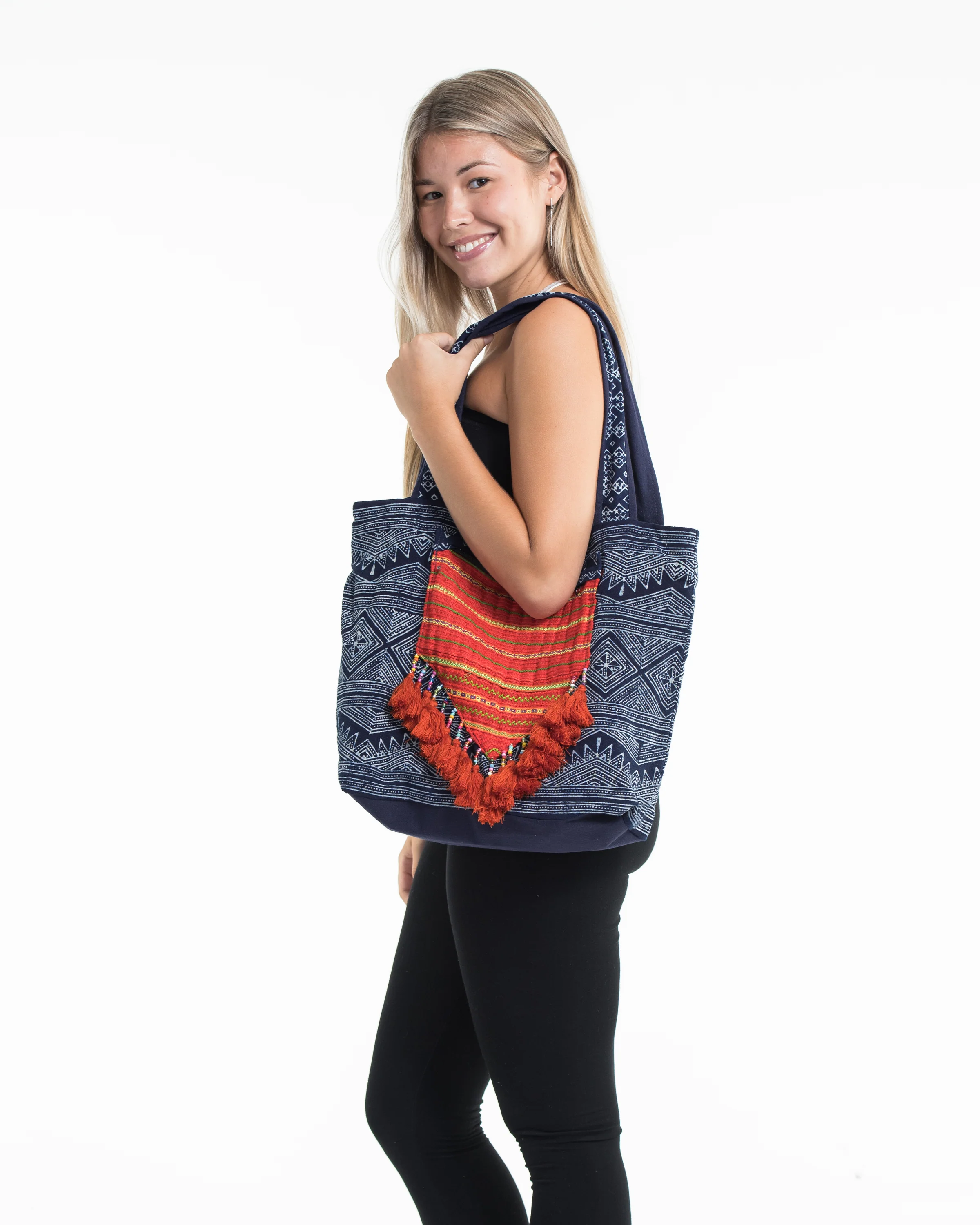 Hmong Indigo Batik and Embroidered Tote Bag with Orange Tassels