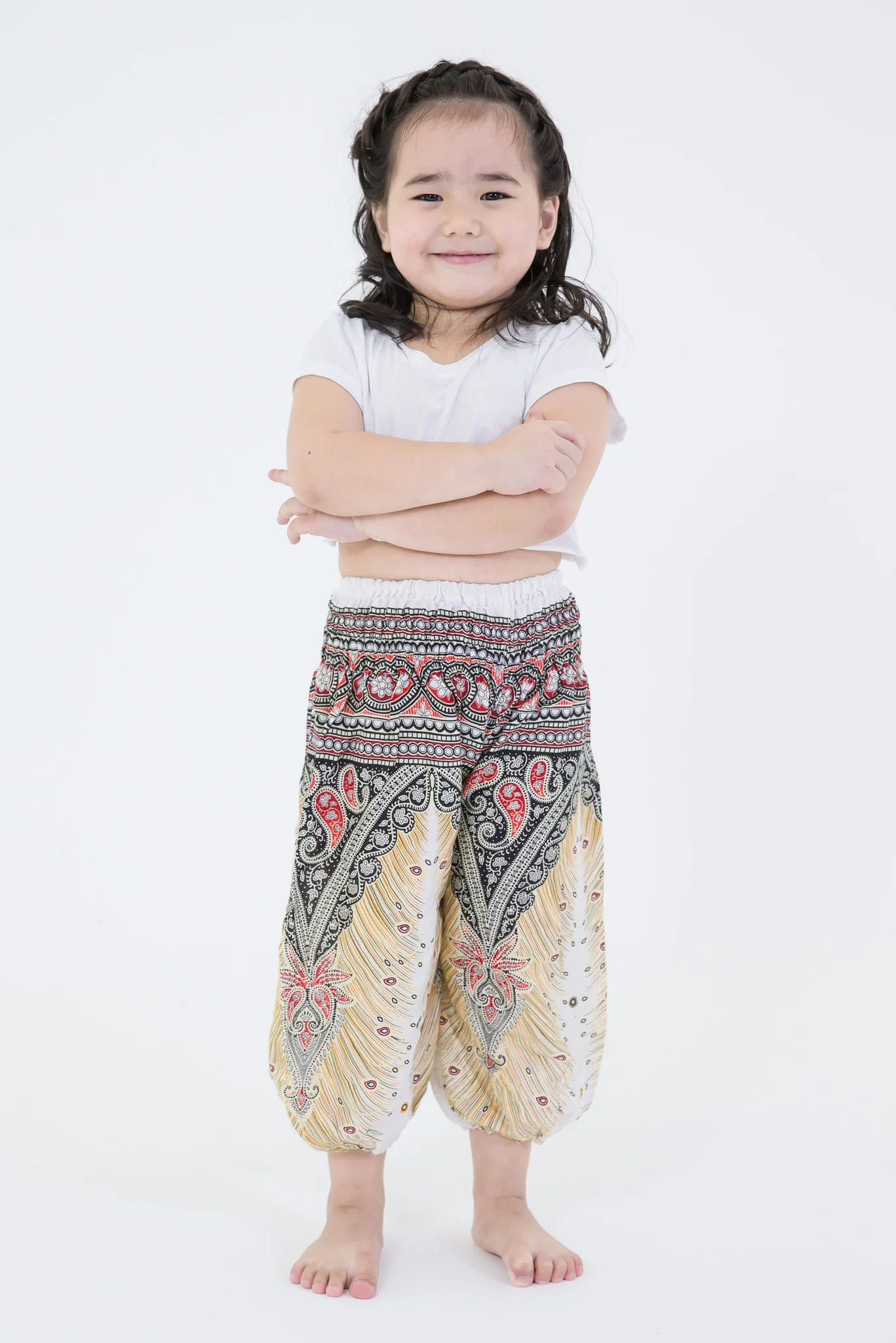 Peacock Feathers Kids Harem Pants in White