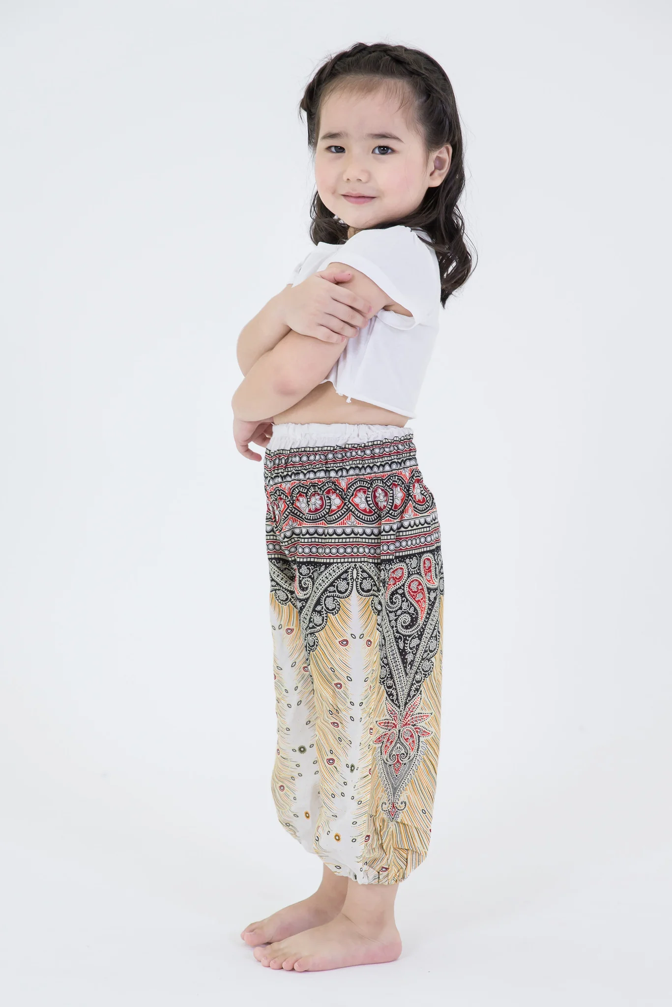 434-Peacock-Feathers-Kids-Harem-Pants-in-White-3.webp Peacock Feathers Kids Harem Pants in White