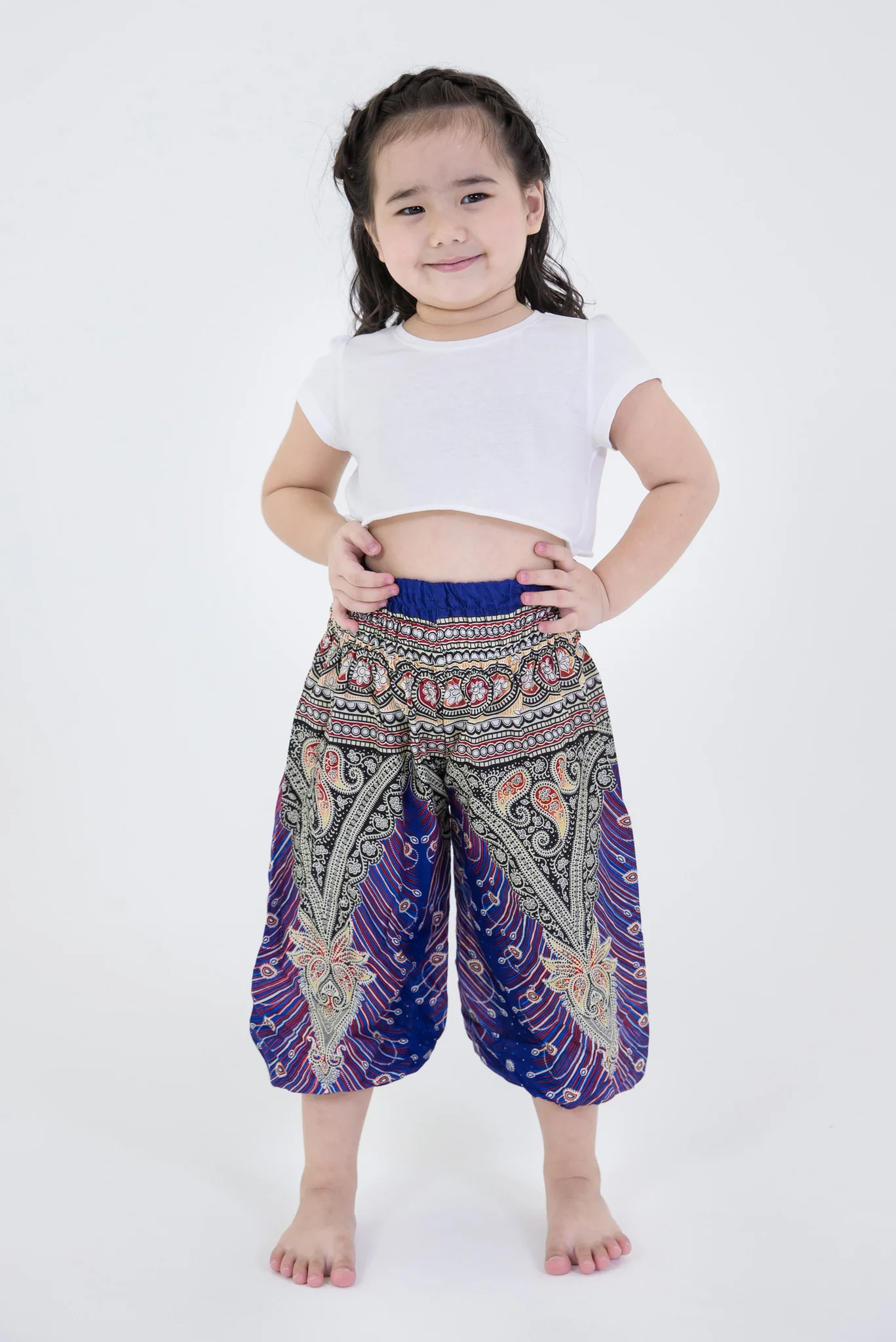 Peacock Feathers Kids Harem Pants in Blue